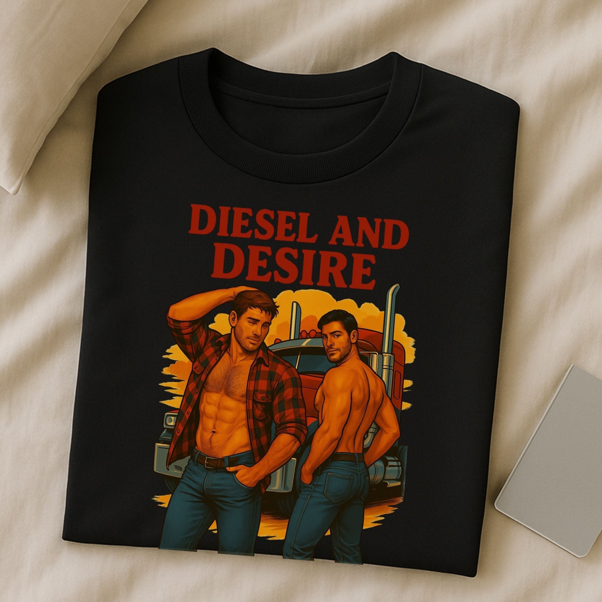 Gay Trucker T-Shirt, Shirtless Cab Tease Top for Him, Sexy Diesel Daddy Tee, Diesel and Desire T-Shirt - Craig Michael Design