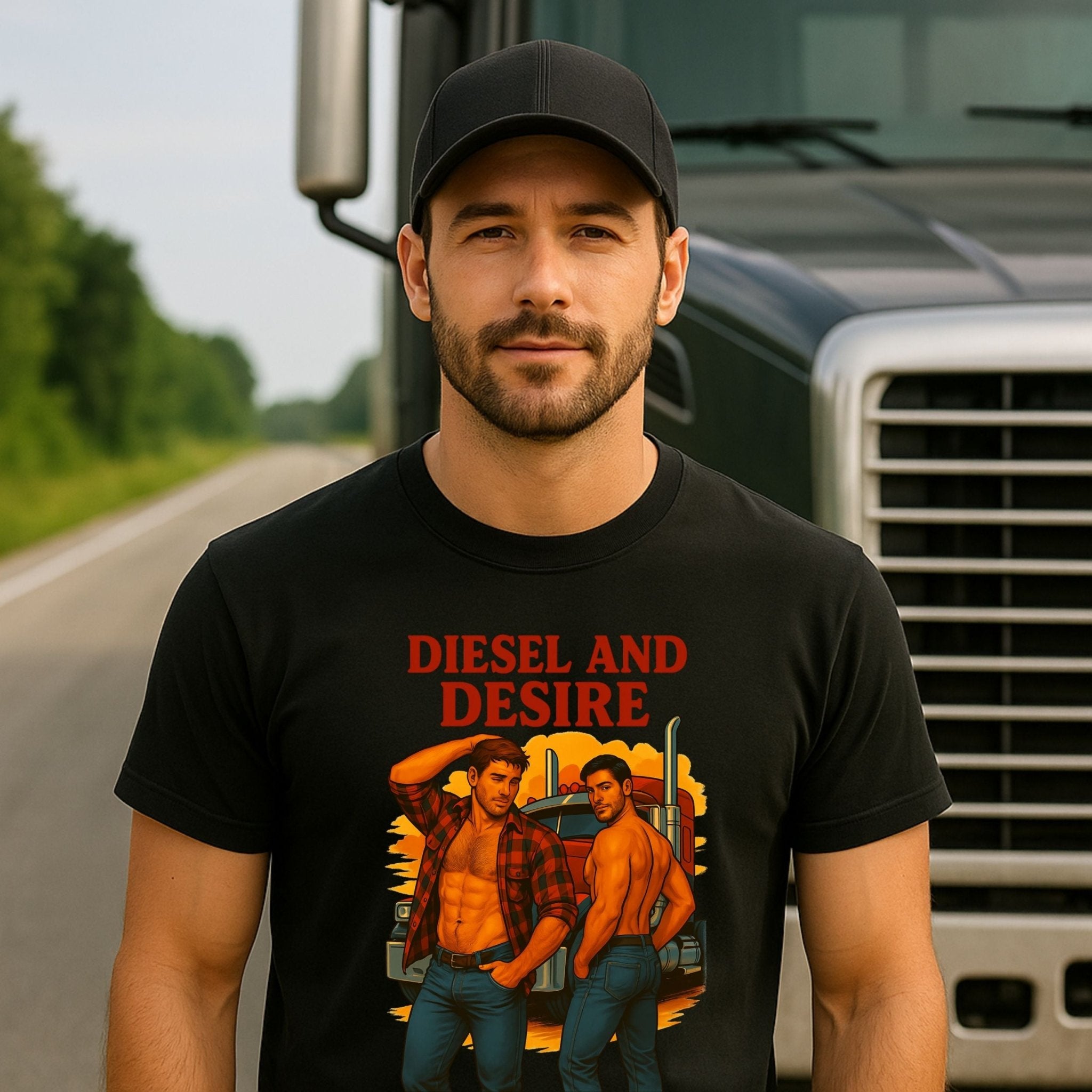 Gay Trucker T-Shirt, Shirtless Cab Tease Top for Him, Sexy Diesel Daddy Tee, Diesel and Desire T-Shirt - Craig Michael Design