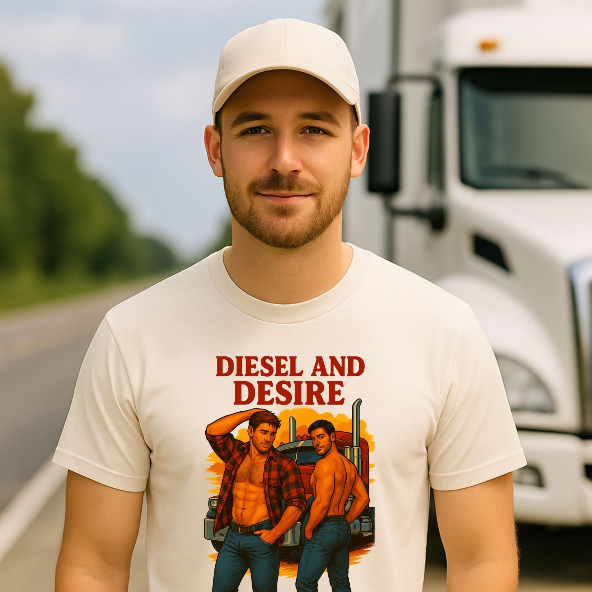 Gay Trucker T-Shirt, Shirtless Cab Tease Top for Him, Sexy Diesel Daddy Tee, Diesel and Desire T-Shirt - Craig Michael Design