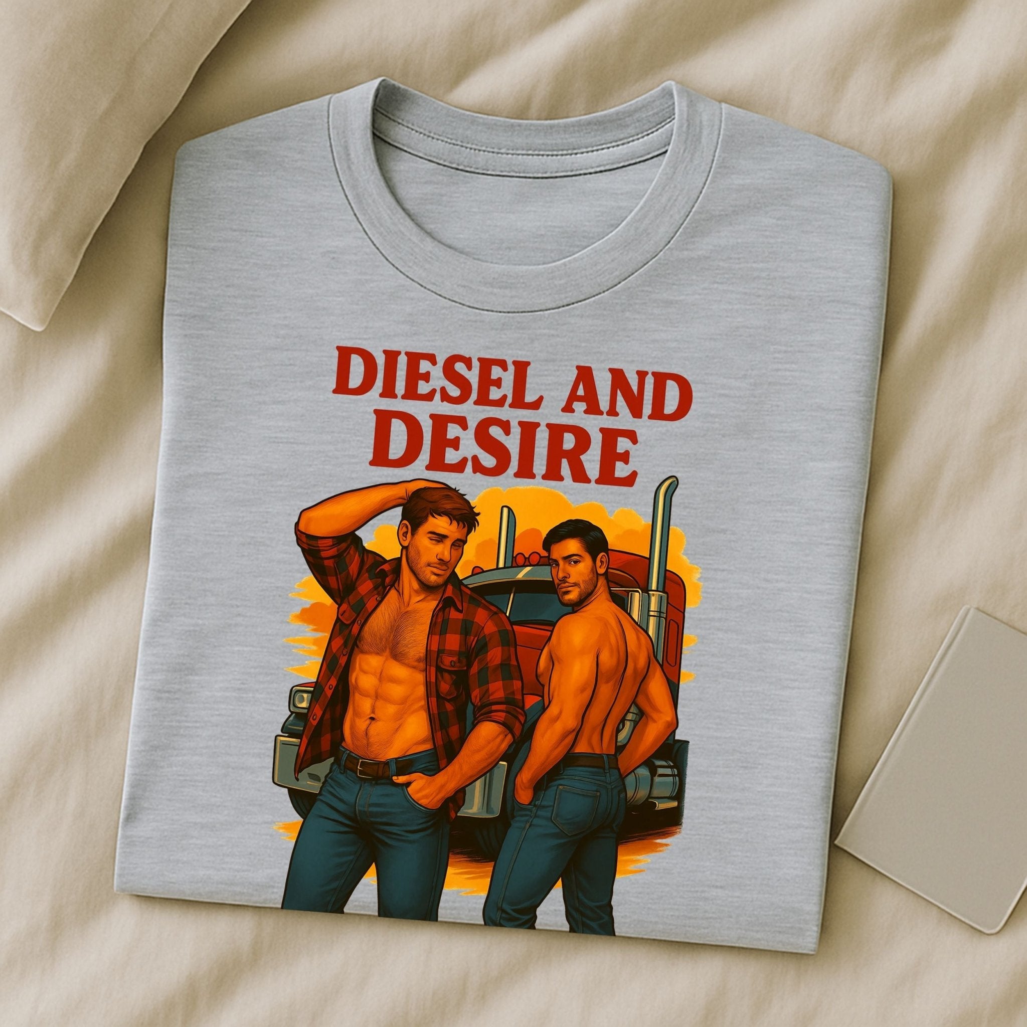Gay Trucker T-Shirt, Shirtless Cab Tease Top for Him, Sexy Diesel Daddy Tee, Diesel and Desire T-Shirt - Craig Michael Design