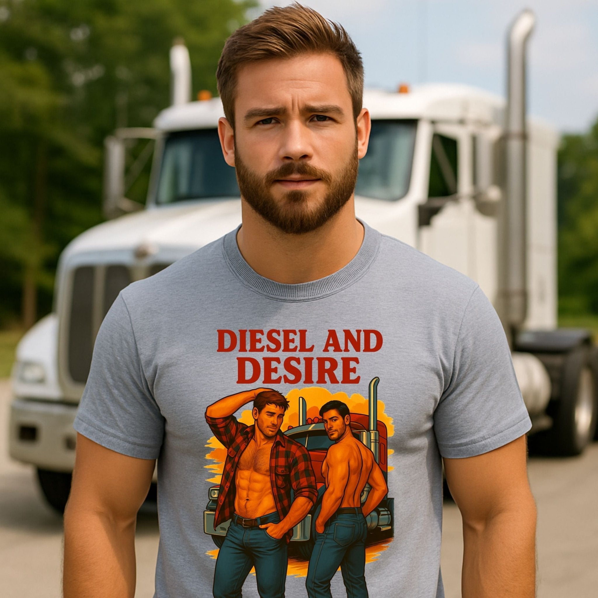 Gay Trucker T-Shirt, Shirtless Cab Tease Top for Him, Sexy Diesel Daddy Tee, Diesel and Desire T-Shirt - Craig Michael Design