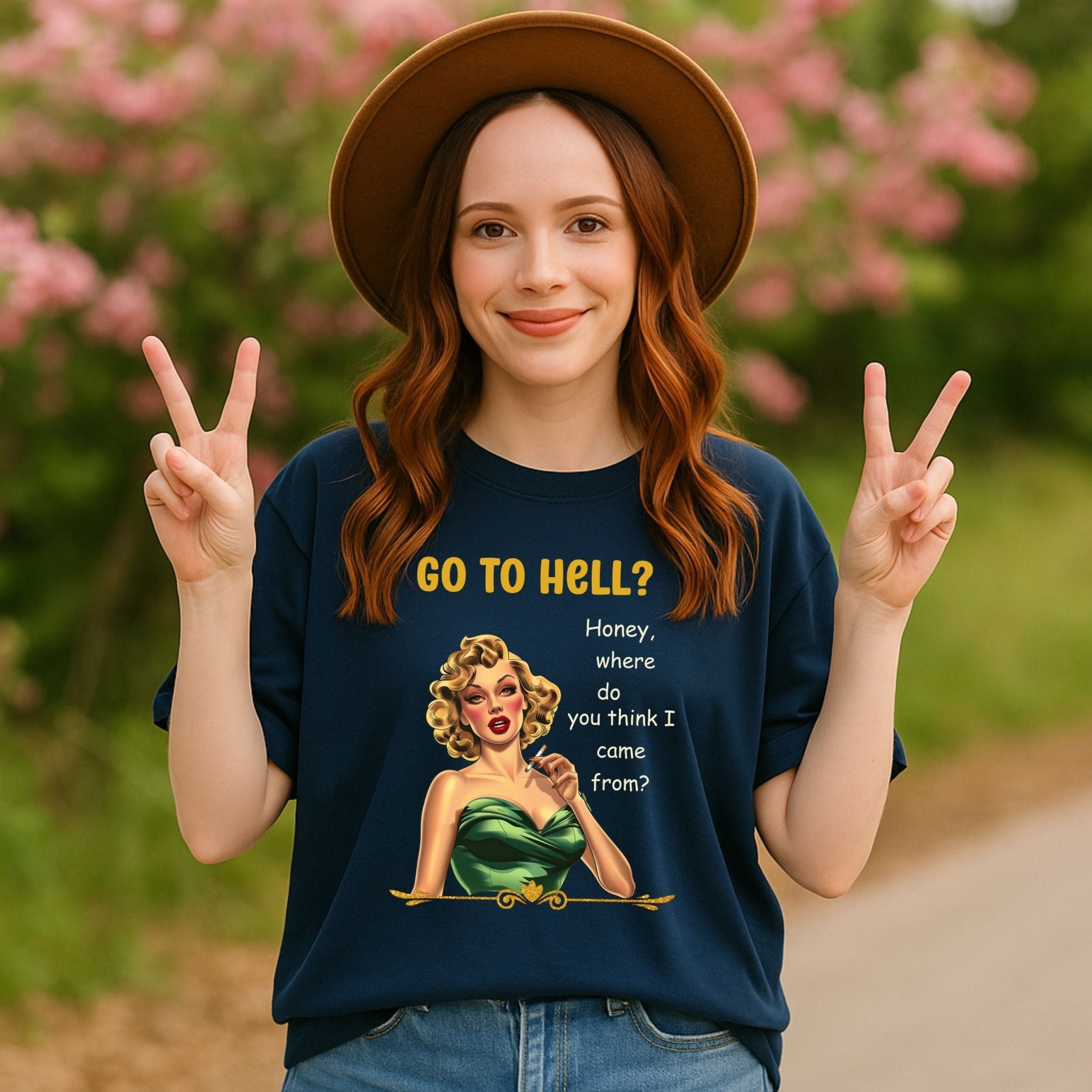 Go to Hell T-Shirt, Funny 1950s Pin - Up Tee for Women, Retro Sarcastic Graphic Shirt, Glam Vintage Attitude Top, Bold Snarky Quote Tee - Craig Michael Design