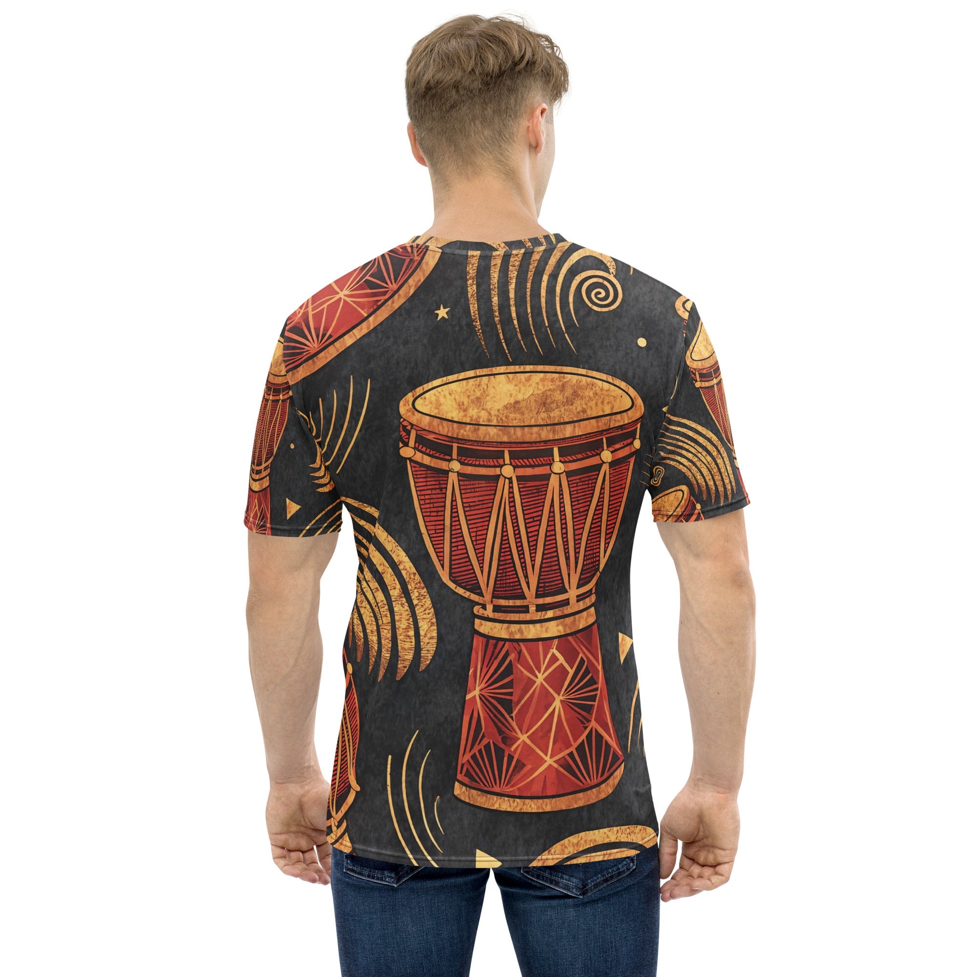 Golden Djembe Rhythms All - Over Print T-Shirt – Tribal Drum Music Design - Craig Michael Design
