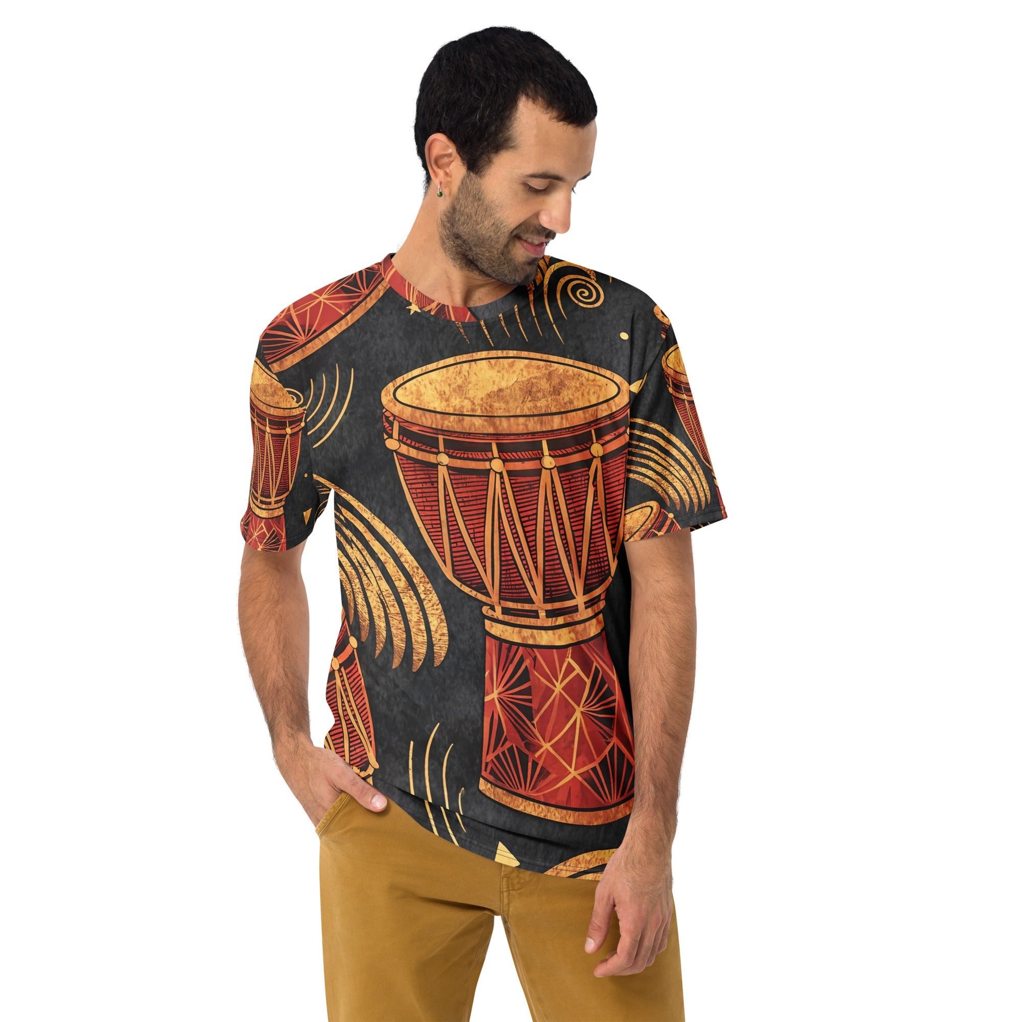 Golden Djembe Rhythms All - Over Print T-Shirt – Tribal Drum Music Design - Craig Michael Design