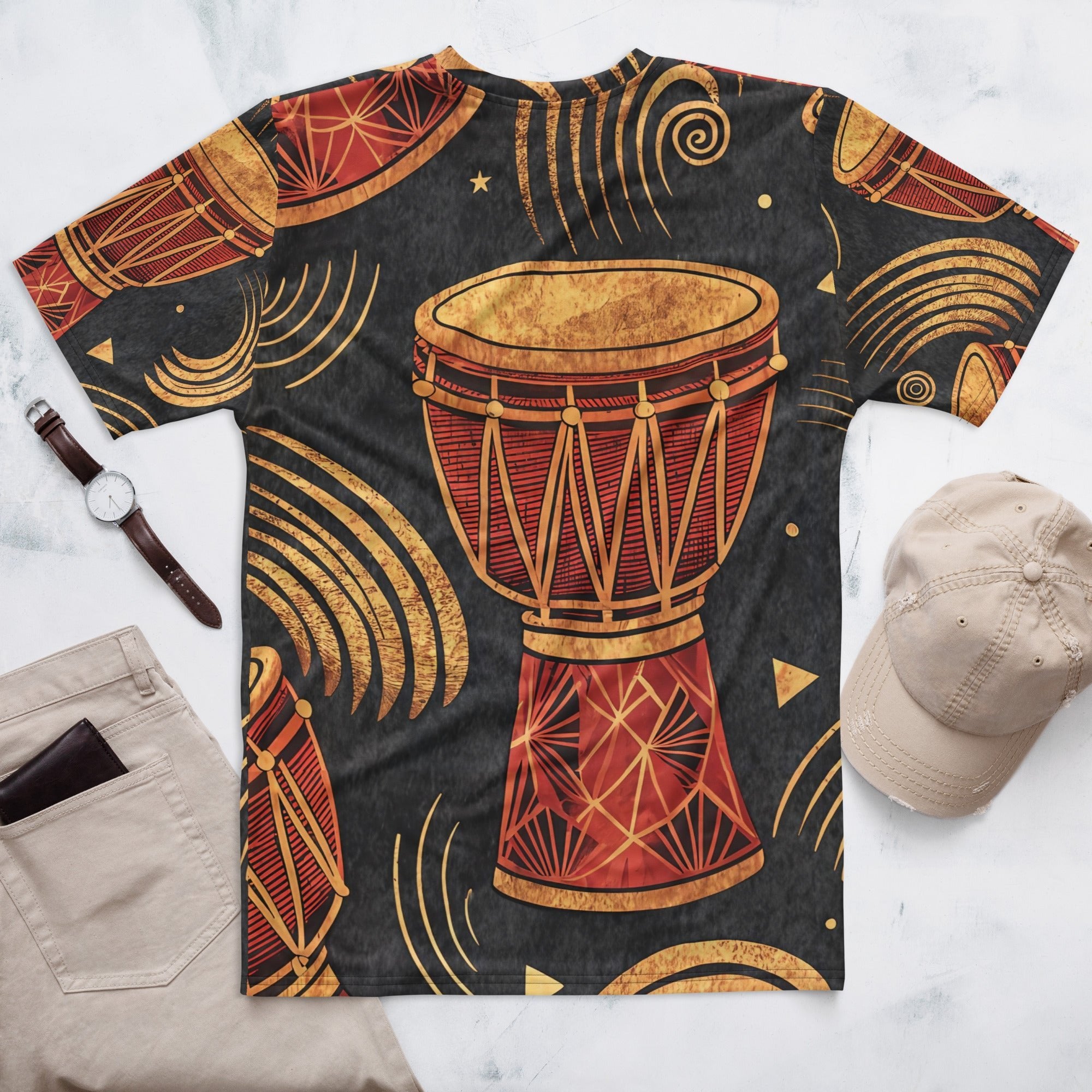 Golden Djembe Rhythms All - Over Print T-Shirt – Tribal Drum Music Design - Craig Michael Design