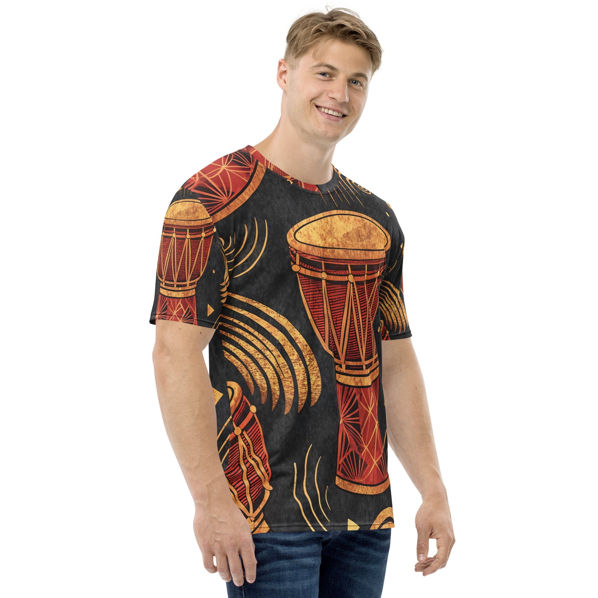 Golden Djembe Rhythms All - Over Print T-Shirt – Tribal Drum Music Design - Craig Michael Design