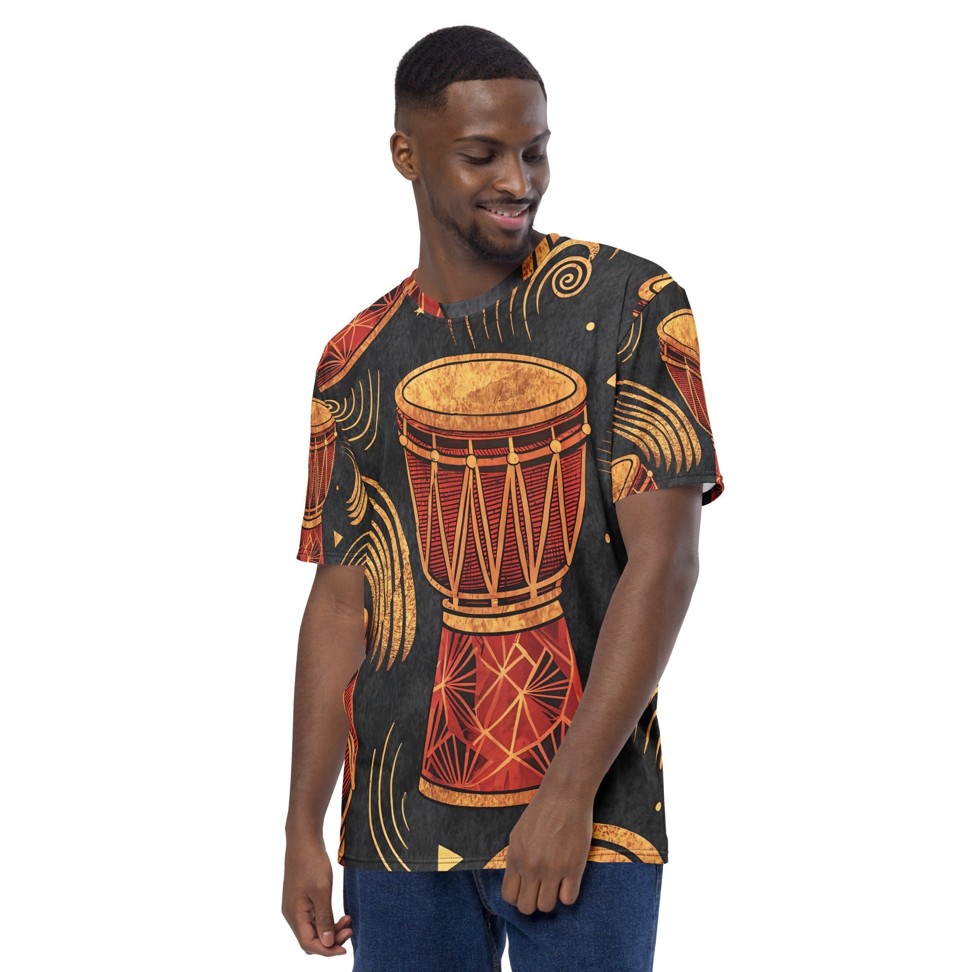 Golden Djembe Rhythms All - Over Print T-Shirt – Tribal Drum Music Design - Craig Michael Design