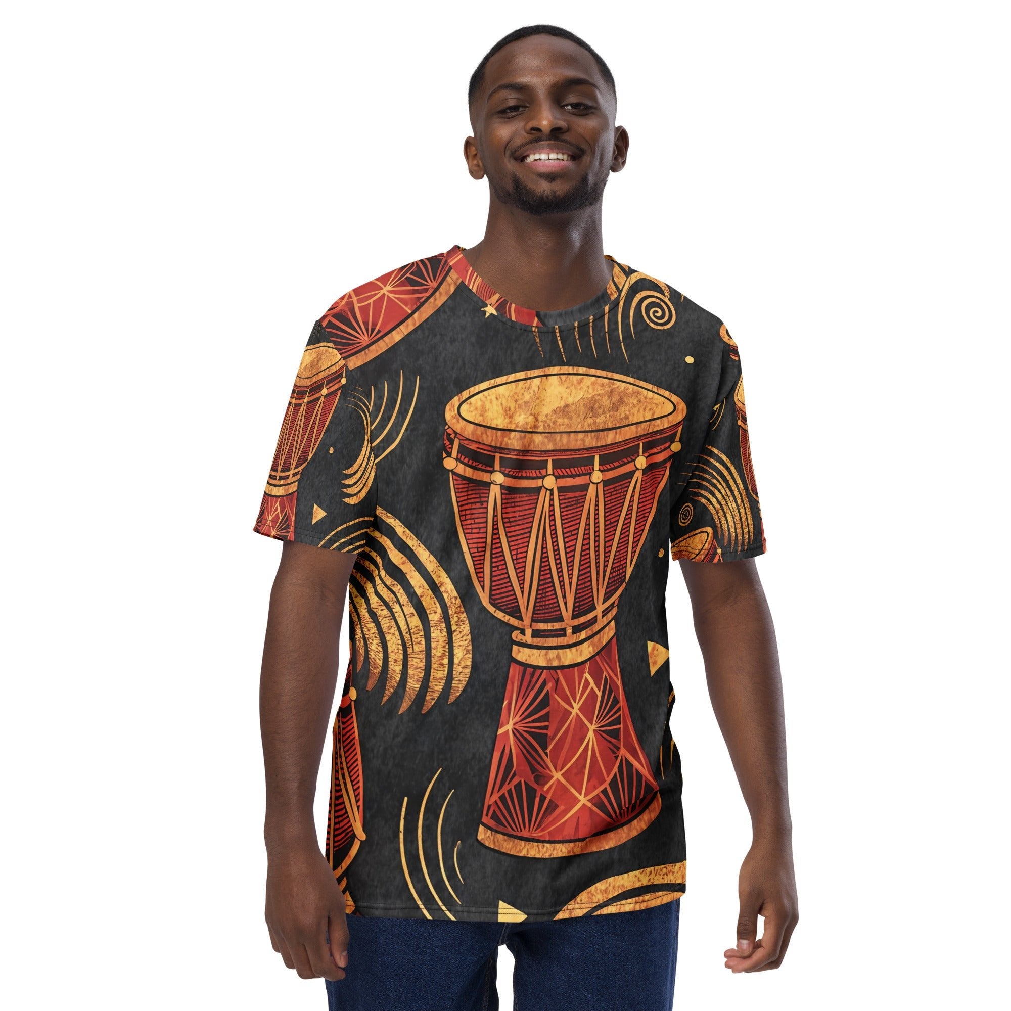 Golden Djembe Rhythms All - Over Print T-Shirt – Tribal Drum Music Design - Craig Michael Design