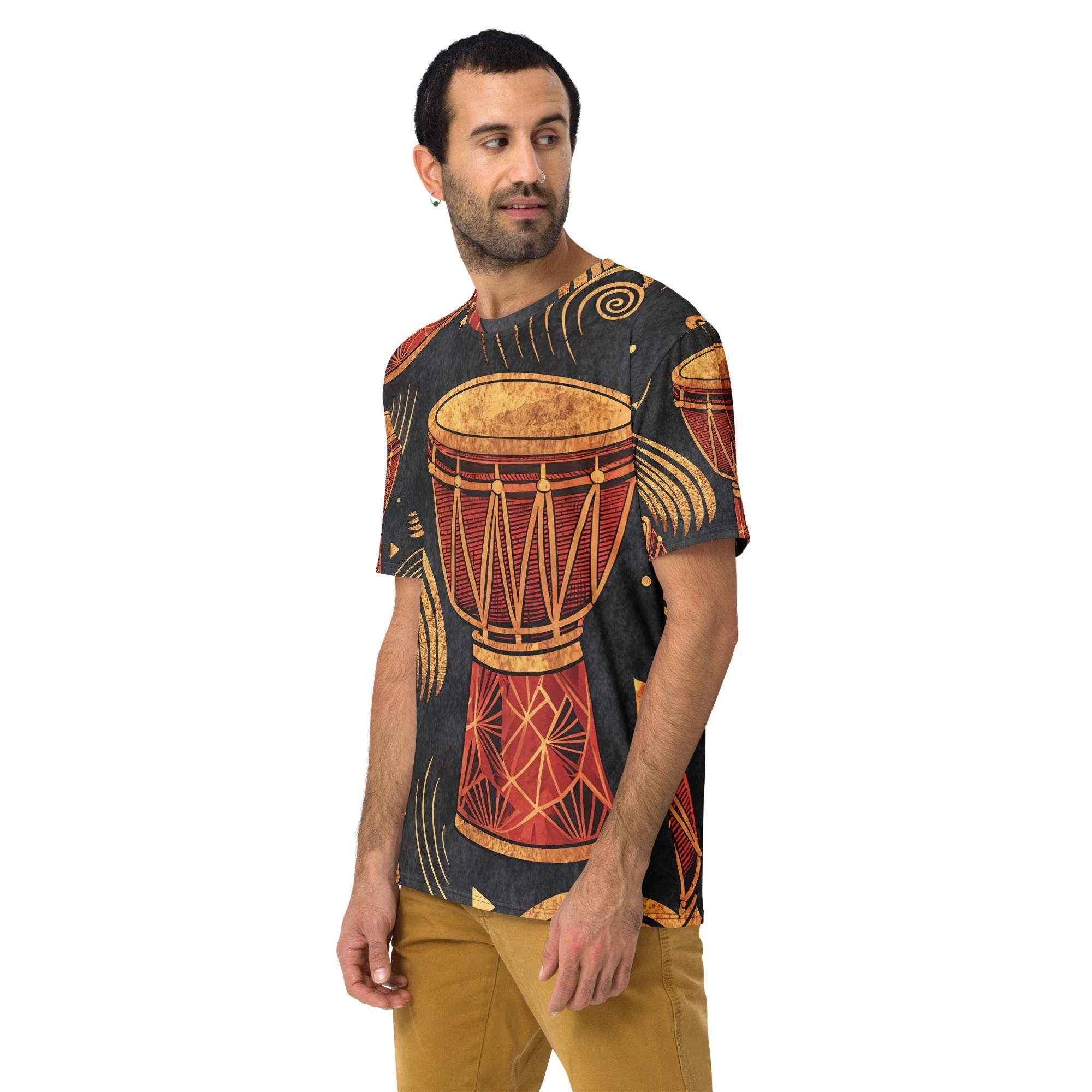 Golden Djembe Rhythms All - Over Print T-Shirt – Tribal Drum Music Design - Craig Michael Design