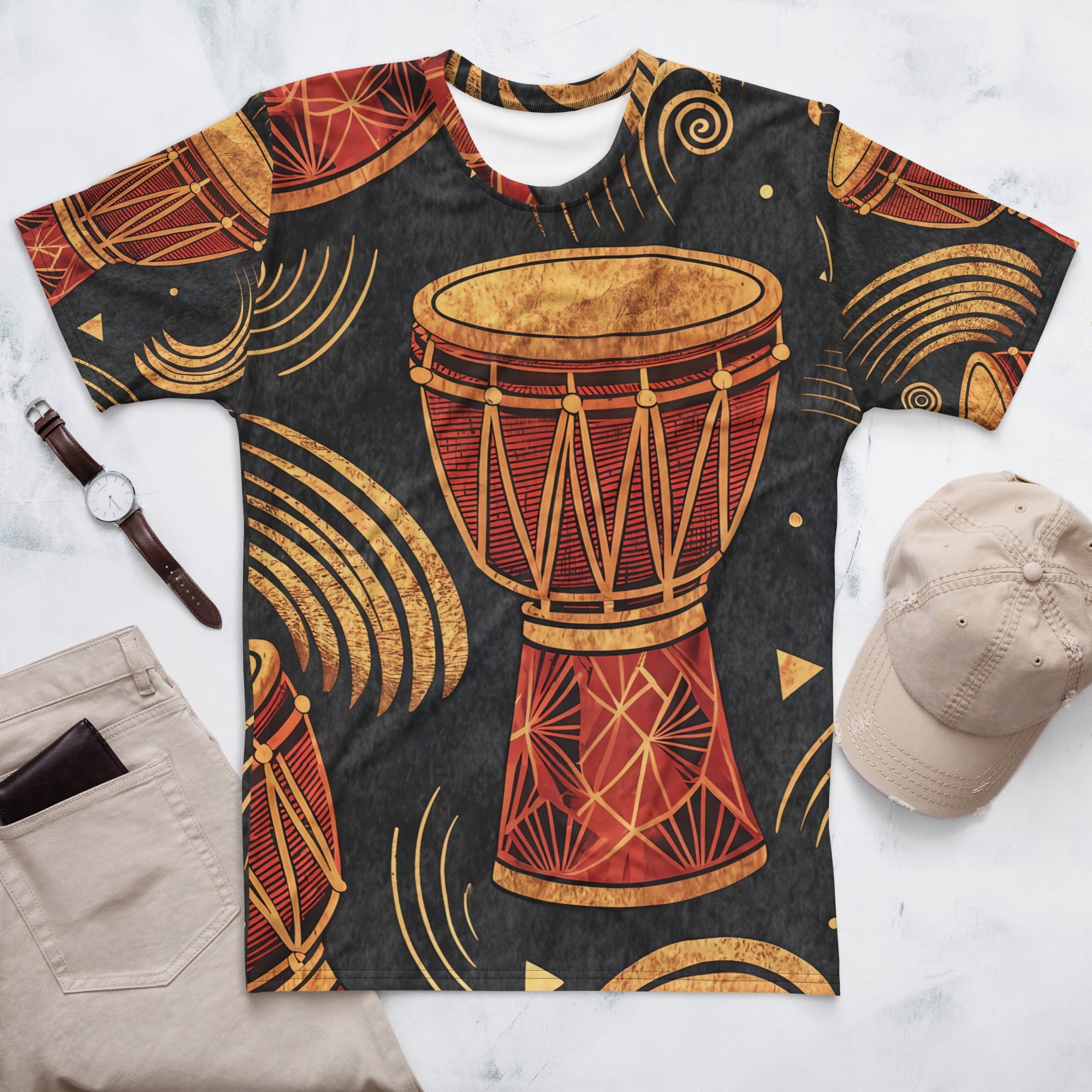 Golden Djembe Rhythms All - Over Print T-Shirt – Tribal Drum Music Design - Craig Michael Design