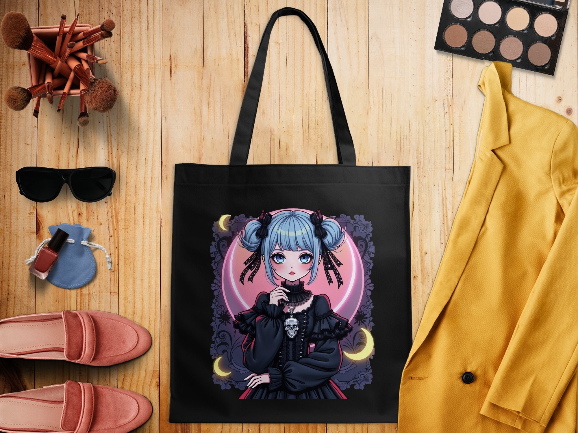 Gothic Anime Girl Tote Bag, Cute Blue Haired Character Tote, Fantasy Art Print Totebag, Unique Gothic Fashion Accessory - Craig Michael Design