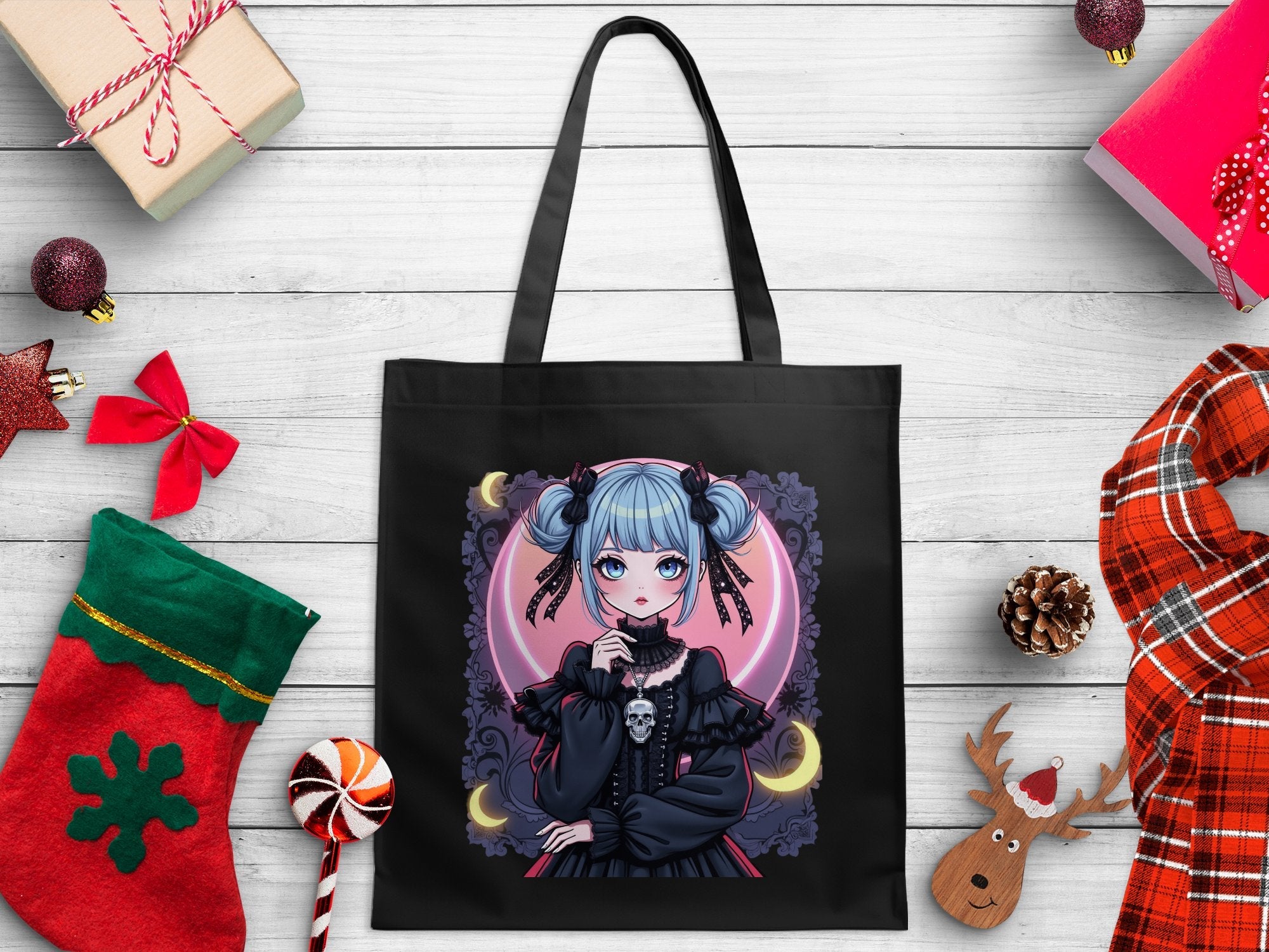 Gothic Anime Girl Tote Bag, Cute Blue Haired Character Tote, Fantasy Art Print Totebag, Unique Gothic Fashion Accessory - Craig Michael Design
