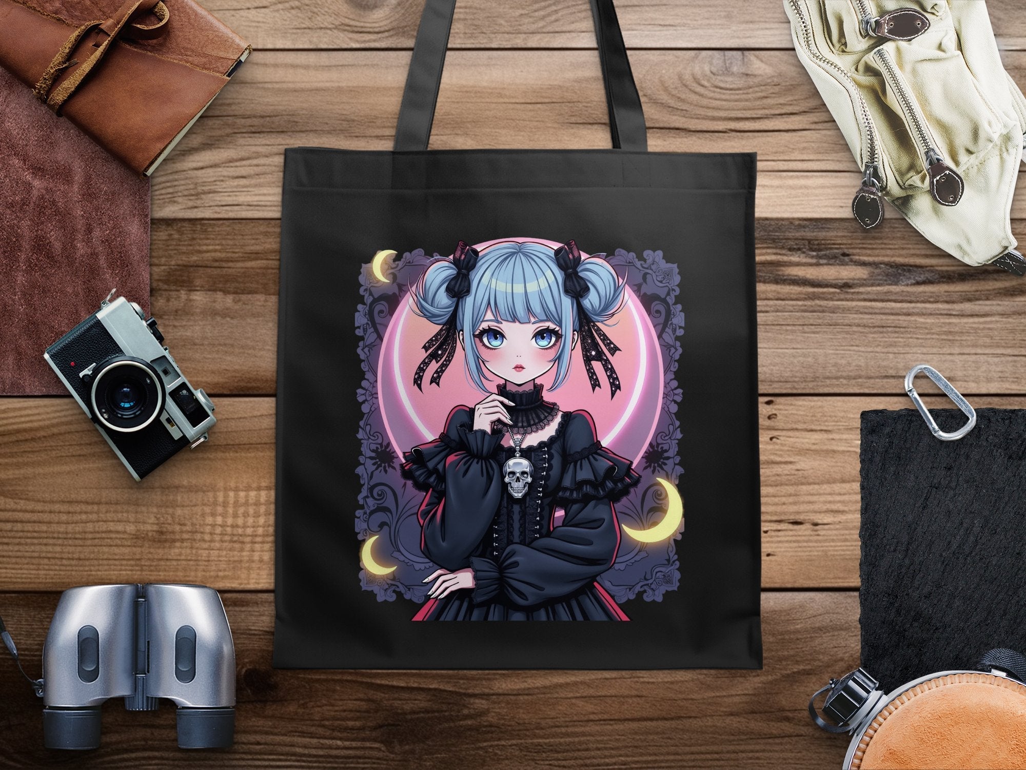 Gothic Anime Girl Tote Bag, Cute Blue Haired Character Tote, Fantasy Art Print Totebag, Unique Gothic Fashion Accessory - Craig Michael Design