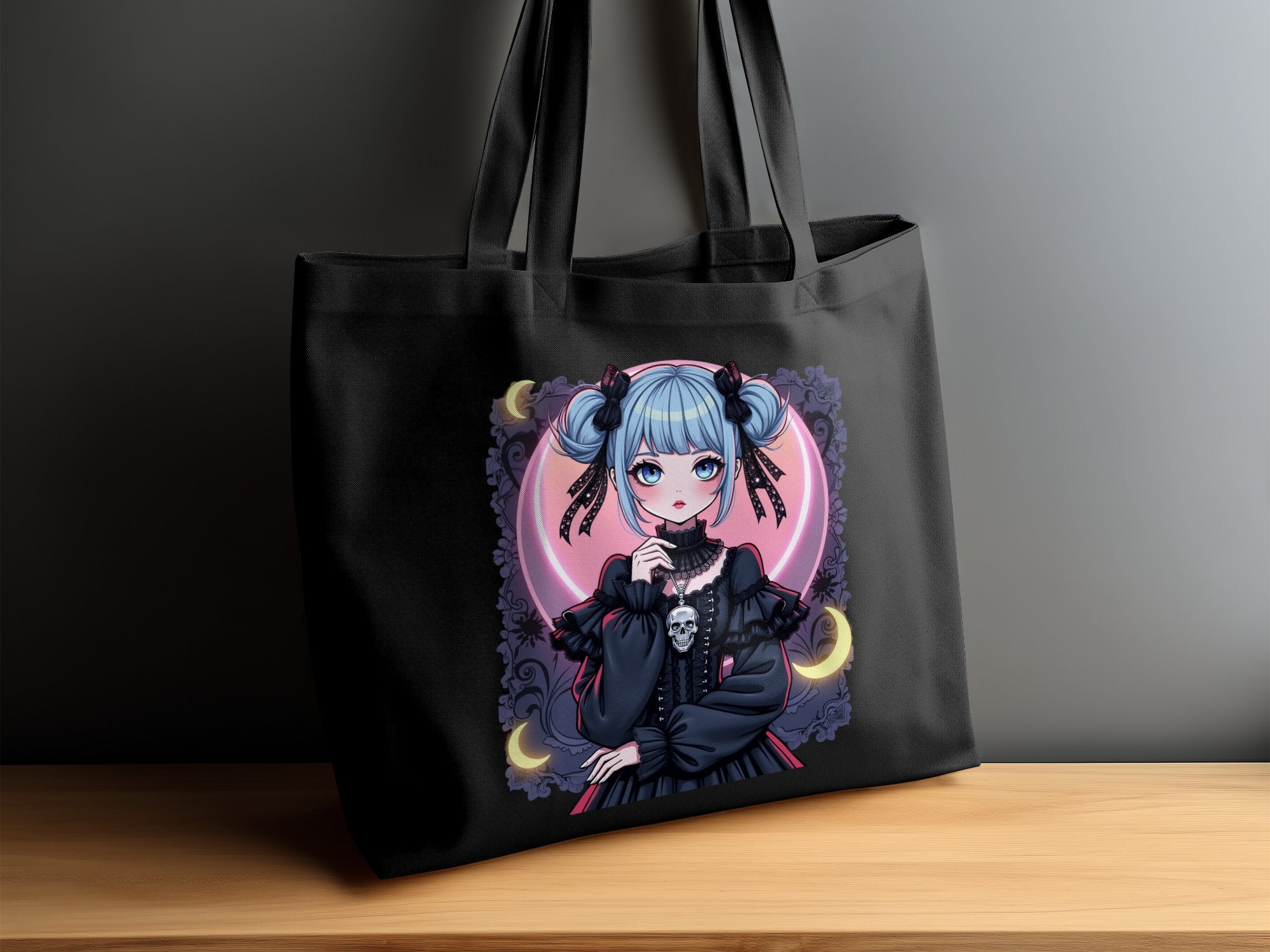 Gothic Anime Girl Tote Bag, Cute Blue Haired Character Tote, Fantasy Art Print Totebag, Unique Gothic Fashion Accessory - Craig Michael Design