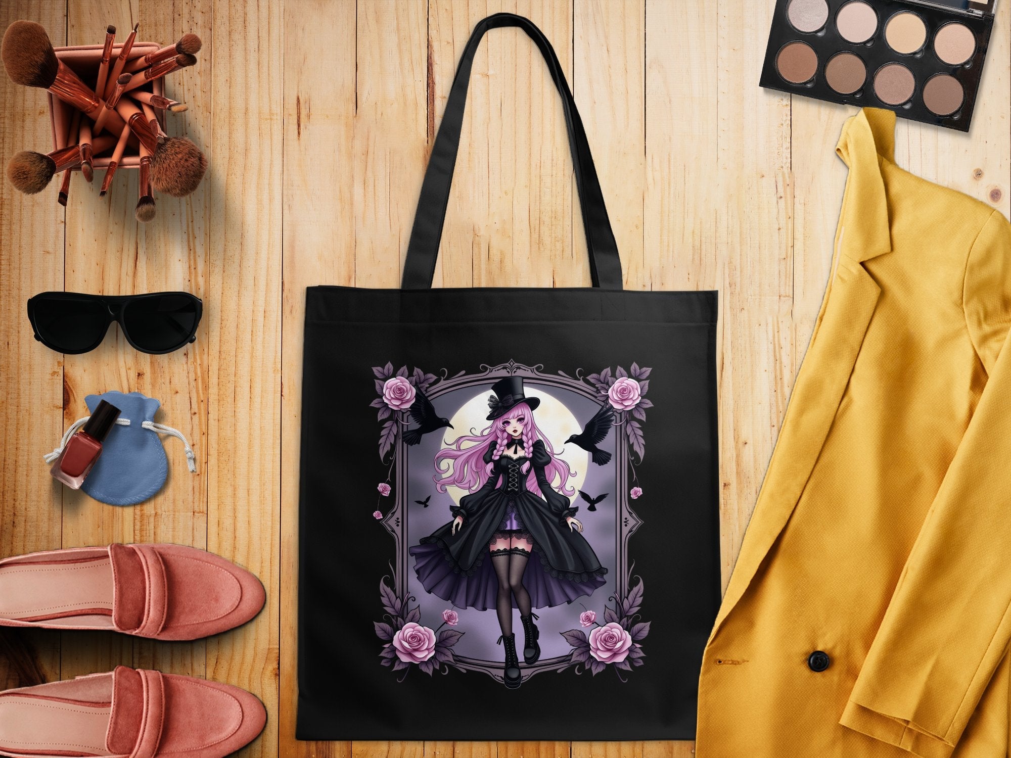 Gothic Anime Girl Tote Bag, Gothic Lolita Fashion Tote Bag, Purple Rose Gothic Art Bag, Unique Anime Tote Bag for Gifts, - Craig Michael Design