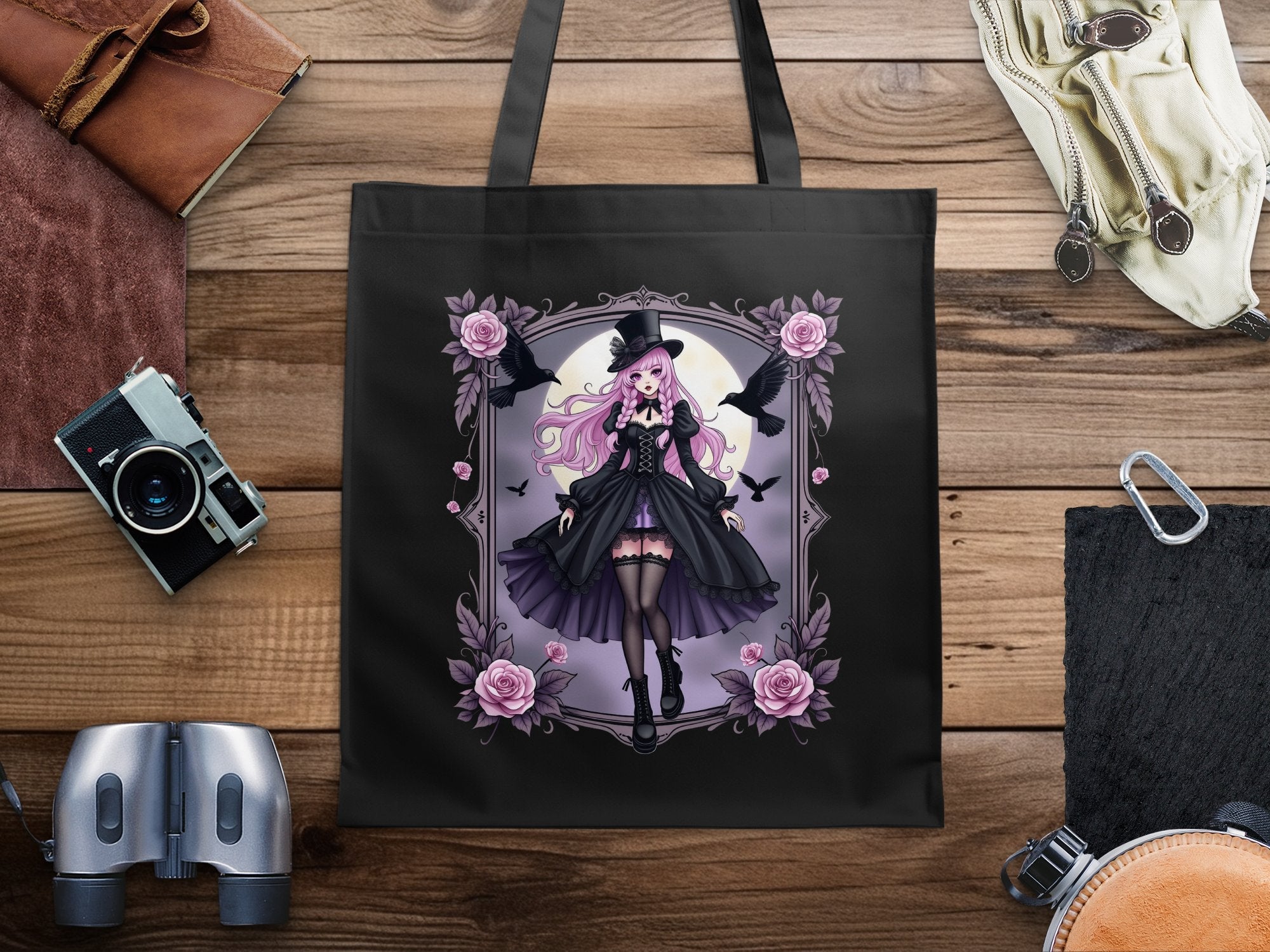 Gothic Anime Girl Tote Bag, Gothic Lolita Fashion Tote Bag, Purple Rose Gothic Art Bag, Unique Anime Tote Bag for Gifts, - Craig Michael Design