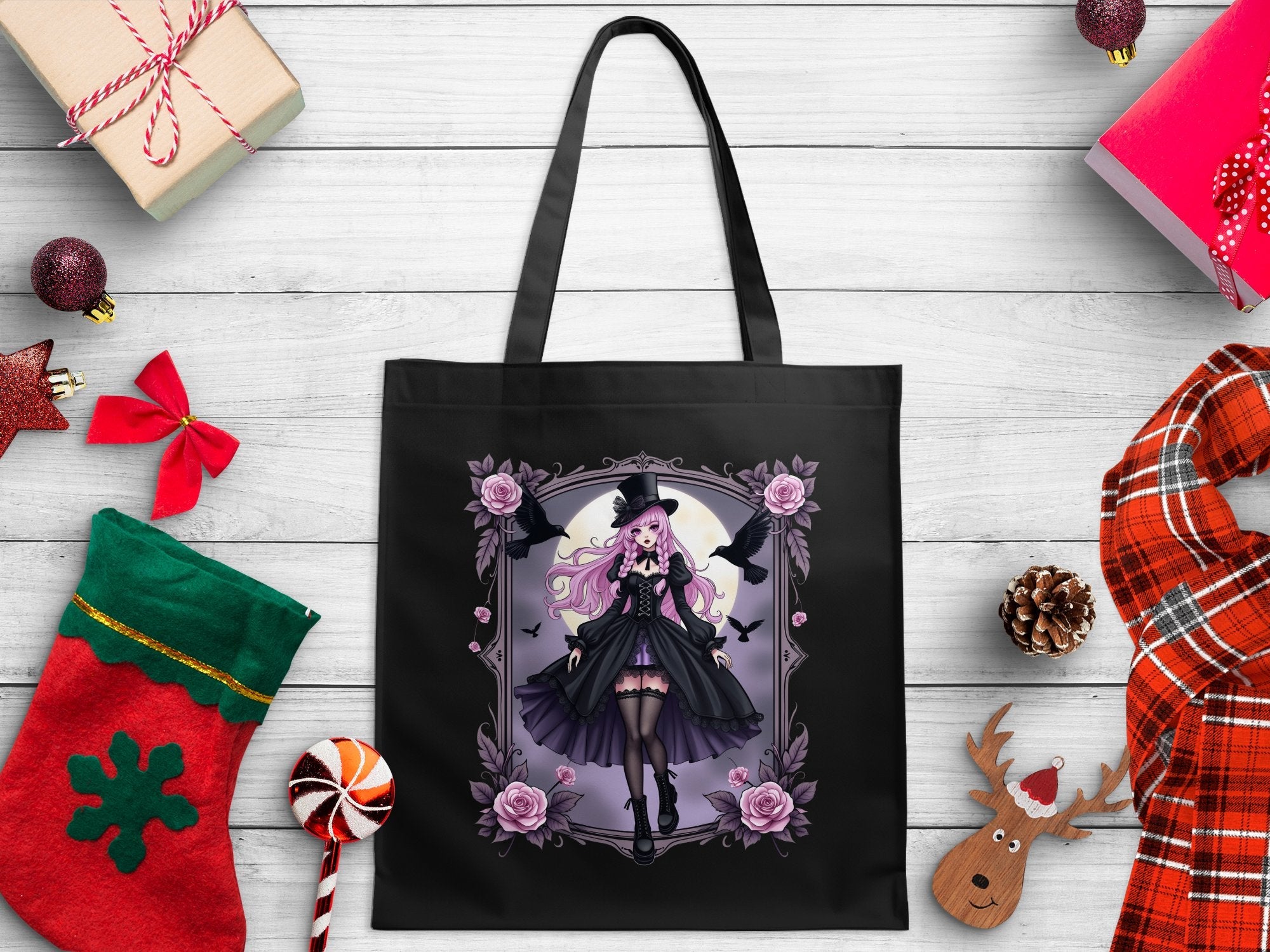Gothic Anime Girl Tote Bag, Gothic Lolita Fashion Tote Bag, Purple Rose Gothic Art Bag, Unique Anime Tote Bag for Gifts, - Craig Michael Design