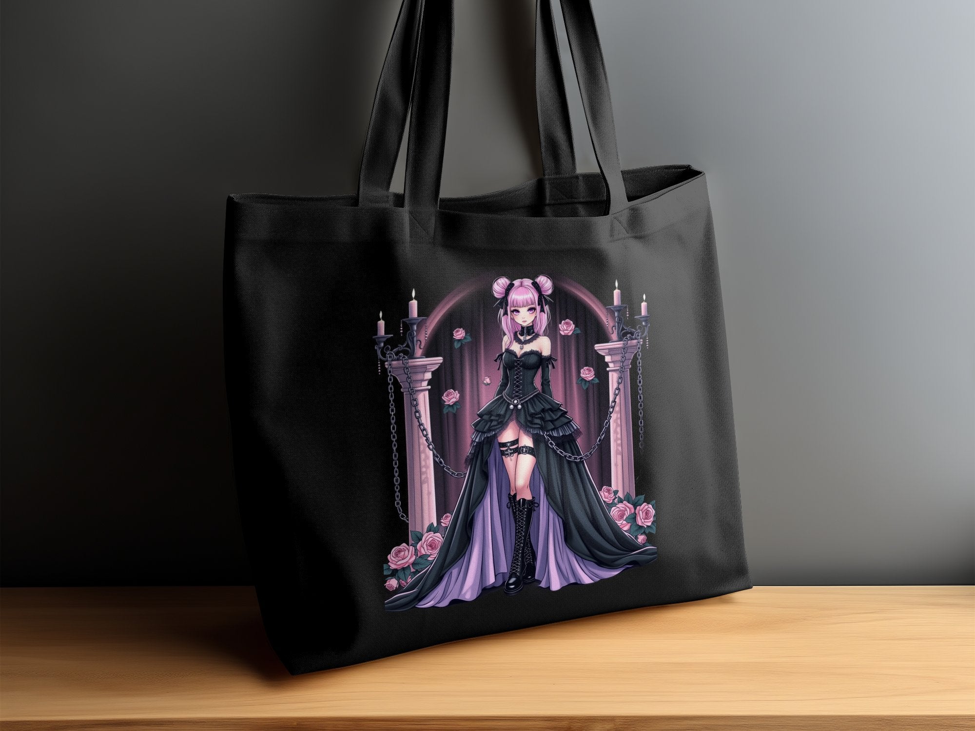 Gothic Anime Girl Tote Bag, Kawaii Pink and Black Tote, Harajuku Style Accessory, Cute and Edgy Tote Bag, Pastel Goth Tote - Craig Michael Design