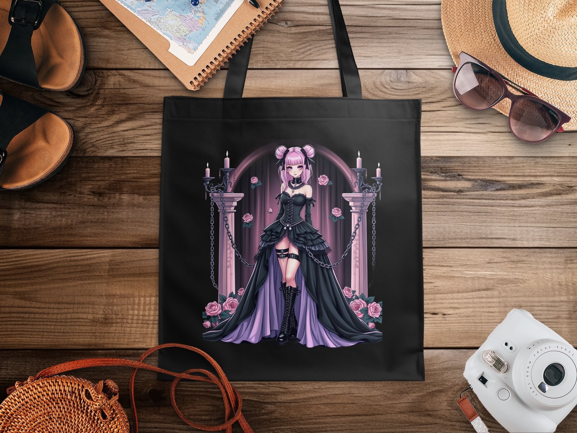 Gothic Anime Girl Tote Bag, Kawaii Pink and Black Tote, Harajuku Style Accessory, Cute and Edgy Tote Bag, Pastel Goth Tote - Craig Michael Design