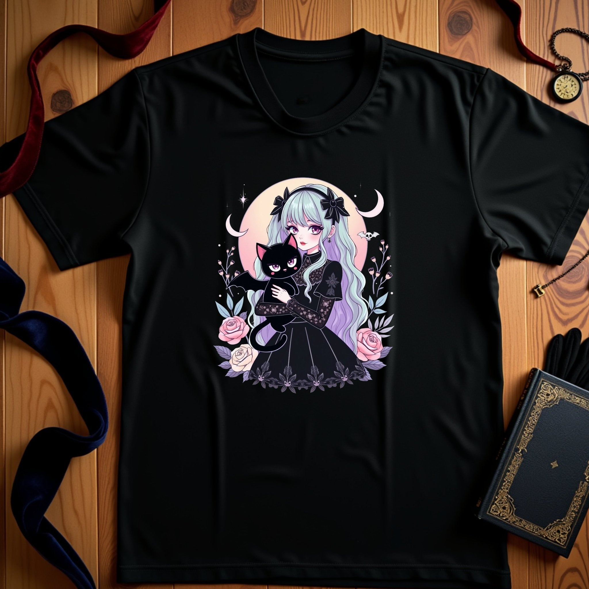 Gothic Harajuku T-Shirt with Kawaii Cat and Floral Design, Pastel Goth Anime Graphic Tee, Soft Cotton Unisex Clothing - Craig Michael Design