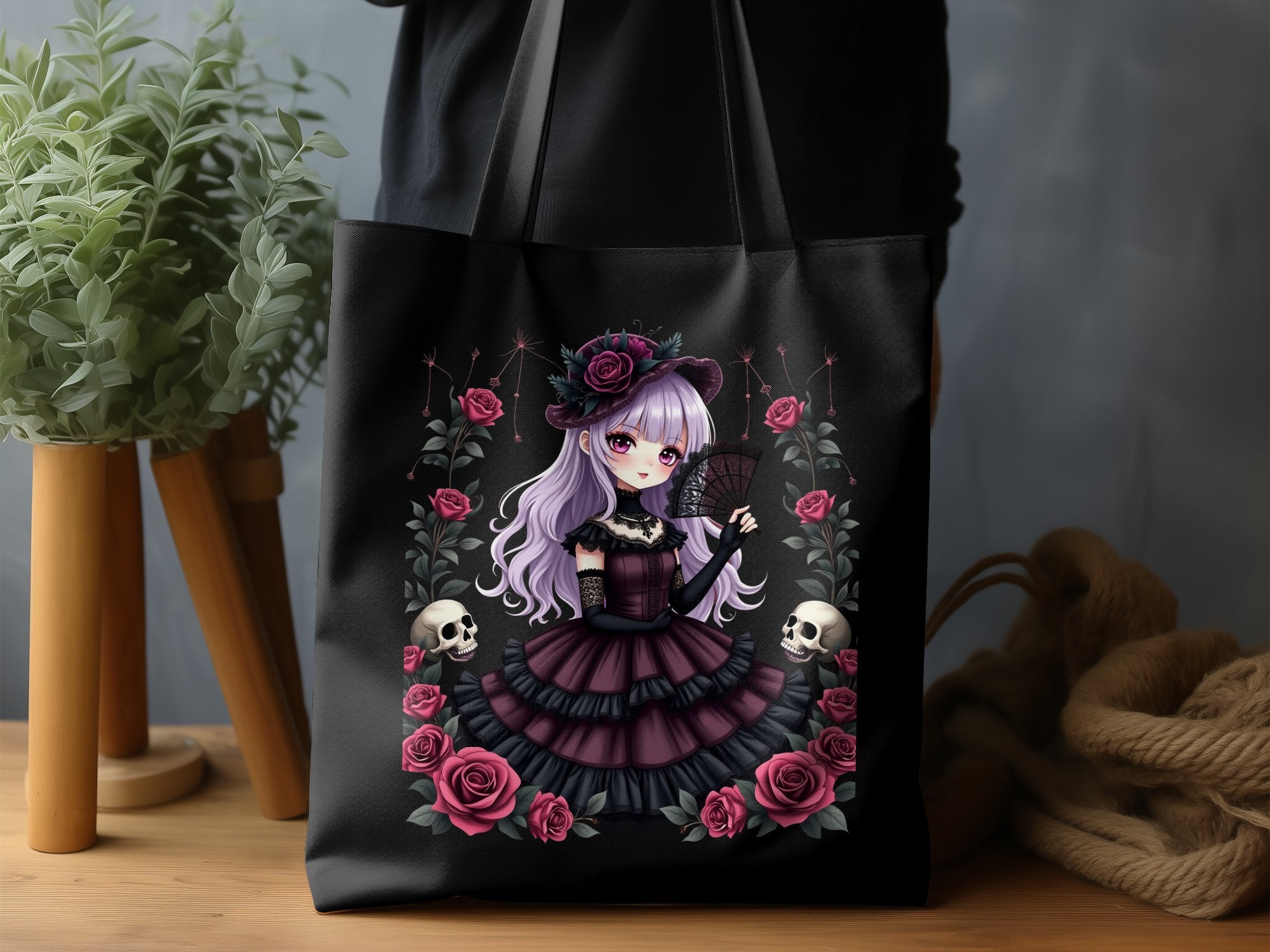 Gothic Lolita Anime Girl Tote Bag, Cute Anime Art Tote Bag, Dark Aesthetic Tote Bag, Skull and Roses Art Tote Bag - Craig Michael Design