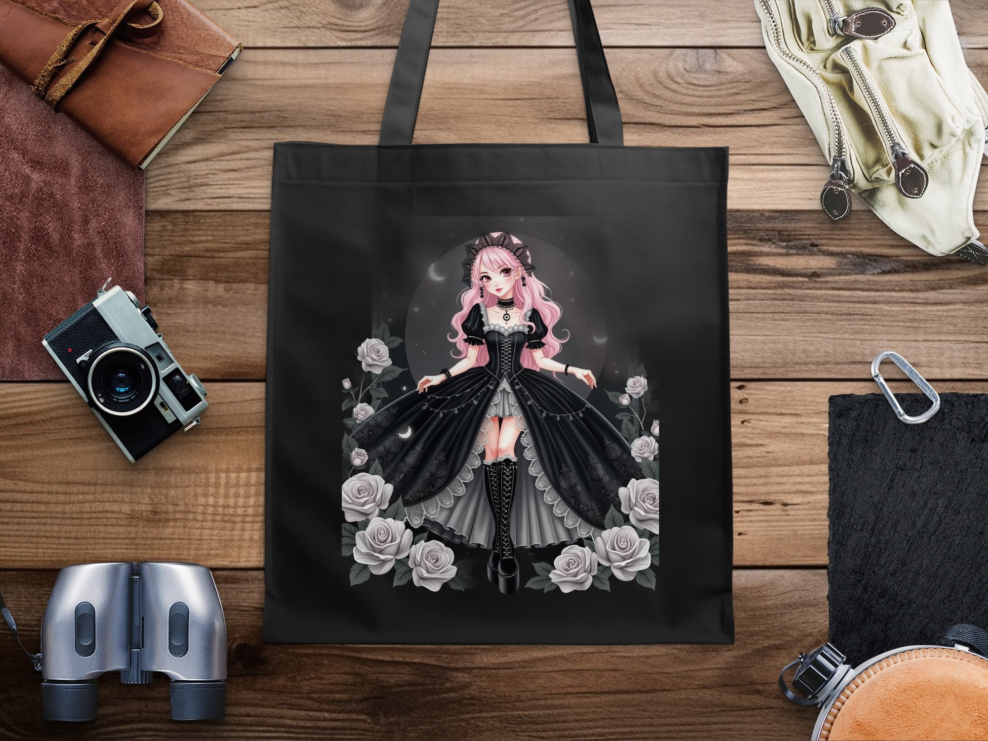Gothic Lolita Anime Tote Bag, Pink Haired Girl Art, Elegant Rose Design, Harajuku Fashion Accessories, Unique Gift Idea - Craig Michael Design