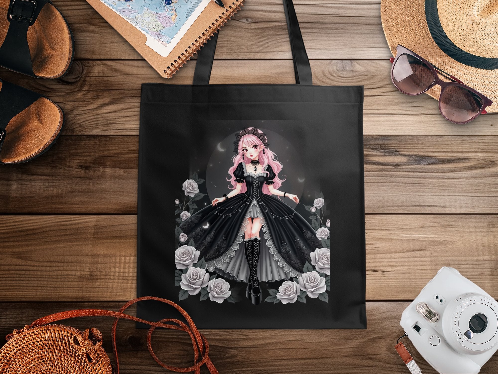 Gothic Lolita Anime Tote Bag, Pink Haired Girl Art, Elegant Rose Design, Harajuku Fashion Accessories, Unique Gift Idea - Craig Michael Design