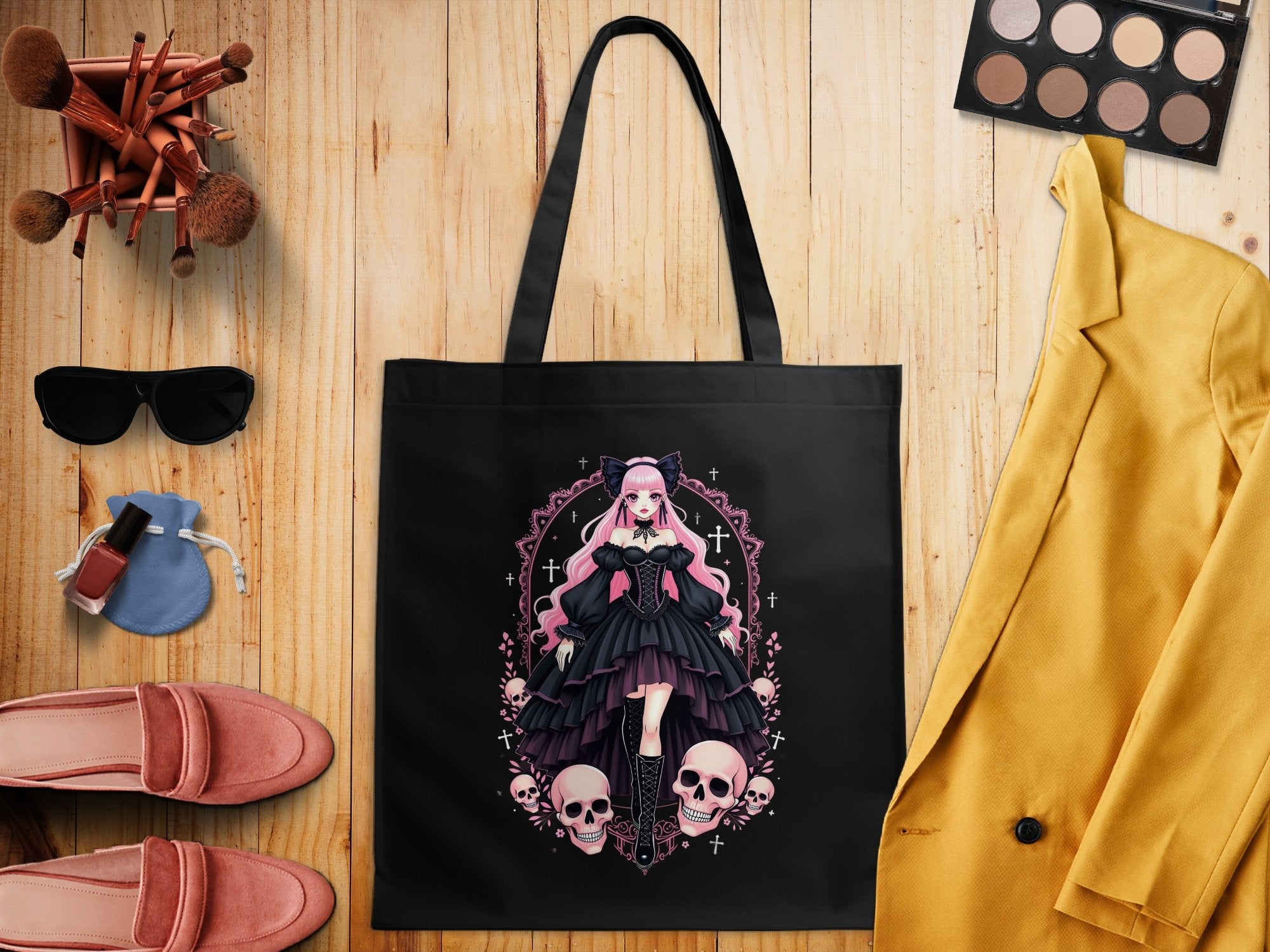 Gothic Lolita Anime Tote Bag, Pink Haired Gothic Girl with Skull Design, Harajuku Gothic Art Tote, Anime Goth Aesthetic Bag - Craig Michael Design