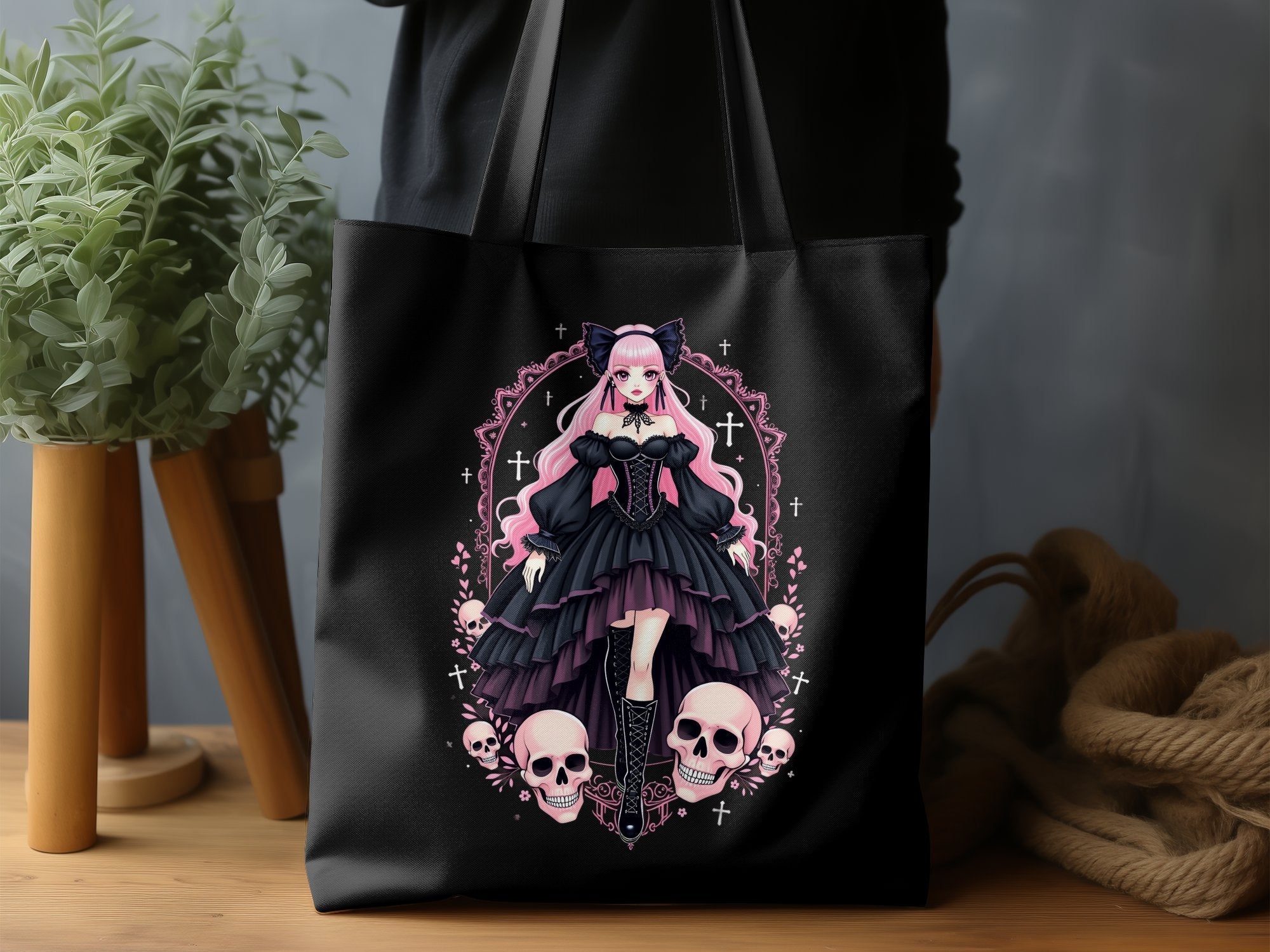 Gothic Lolita Anime Tote Bag, Pink Haired Gothic Girl with Skull Design, Harajuku Gothic Art Tote, Anime Goth Aesthetic Bag - Craig Michael Design