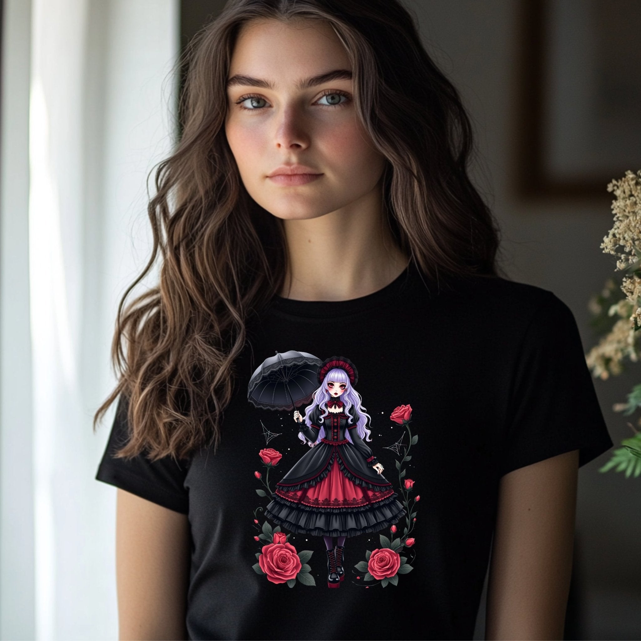 Gothic Lolita Harajuku T-Shirt, Anime Girl with Roses, Dark Fashion Tee, Cute Japanese Alternative Style, Moon and Roses Print Top - Craig Michael Design
