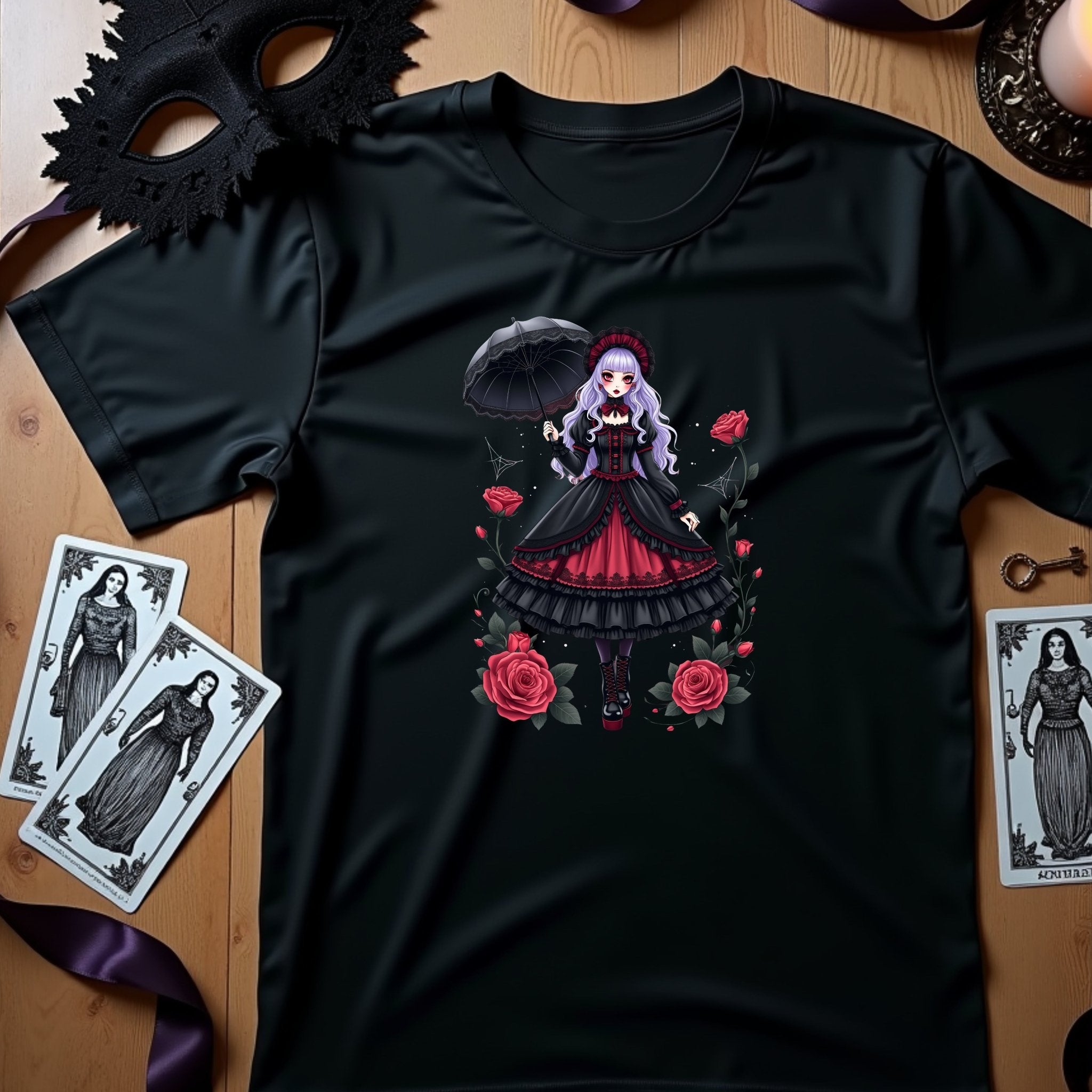 Gothic Lolita Harajuku T-Shirt, Anime Girl with Roses, Dark Fashion Tee, Cute Japanese Alternative Style, Moon and Roses Print Top - Craig Michael Design
