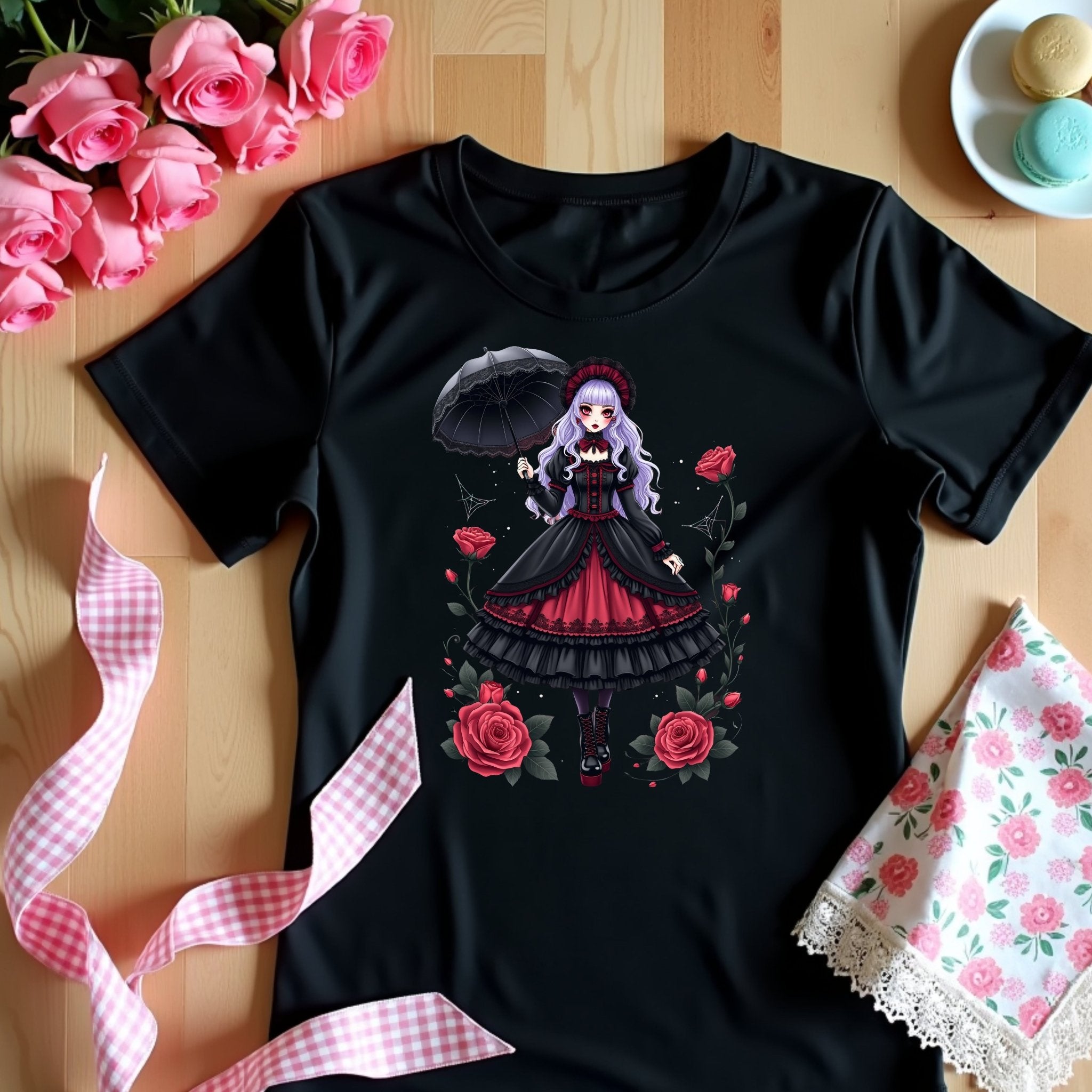 Gothic Lolita Harajuku T-Shirt, Anime Girl with Roses, Dark Fashion Tee, Cute Japanese Alternative Style, Moon and Roses Print Top - Craig Michael Design