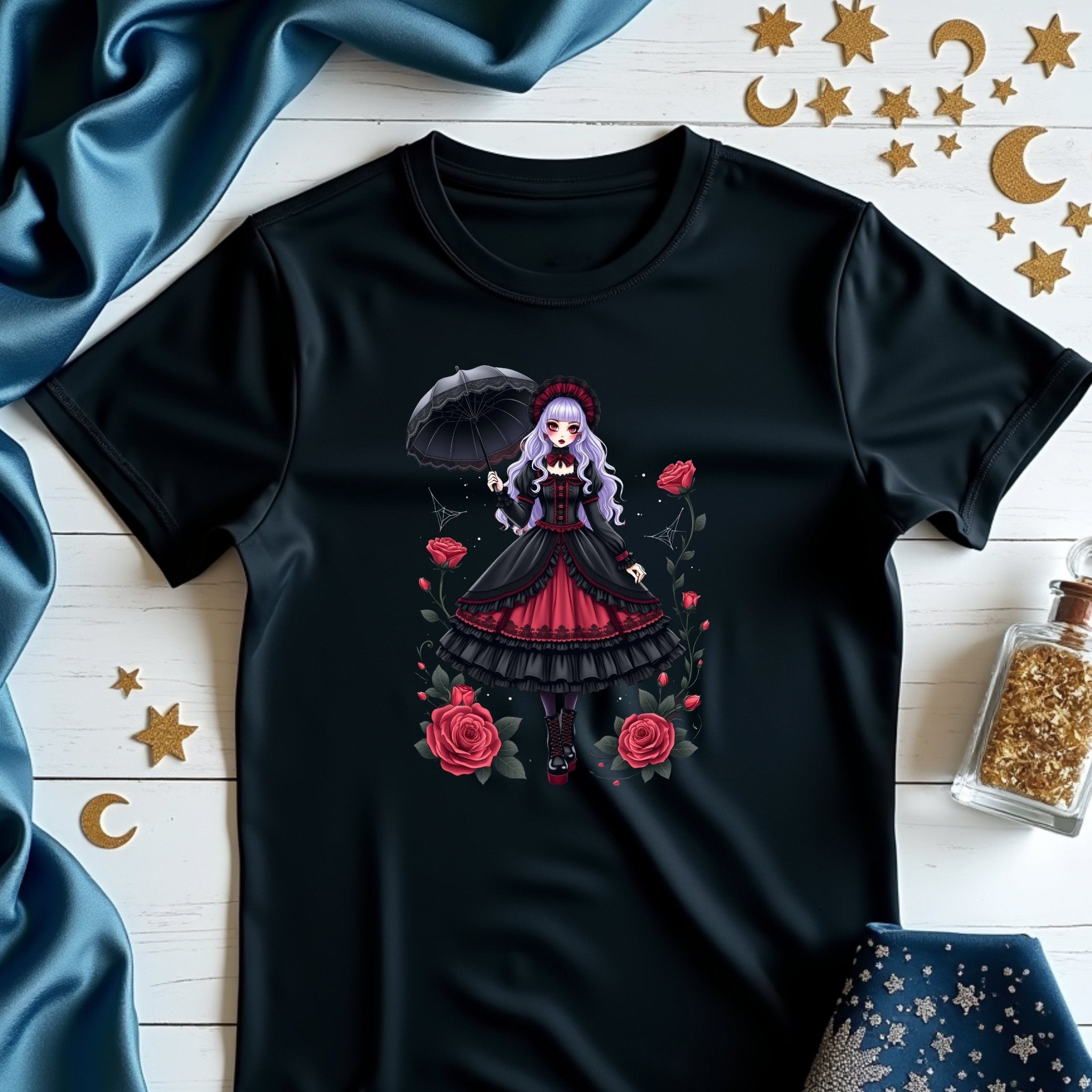 Gothic Lolita Harajuku T-Shirt, Anime Girl with Roses, Dark Fashion Tee, Cute Japanese Alternative Style, Moon and Roses Print Top - Craig Michael Design