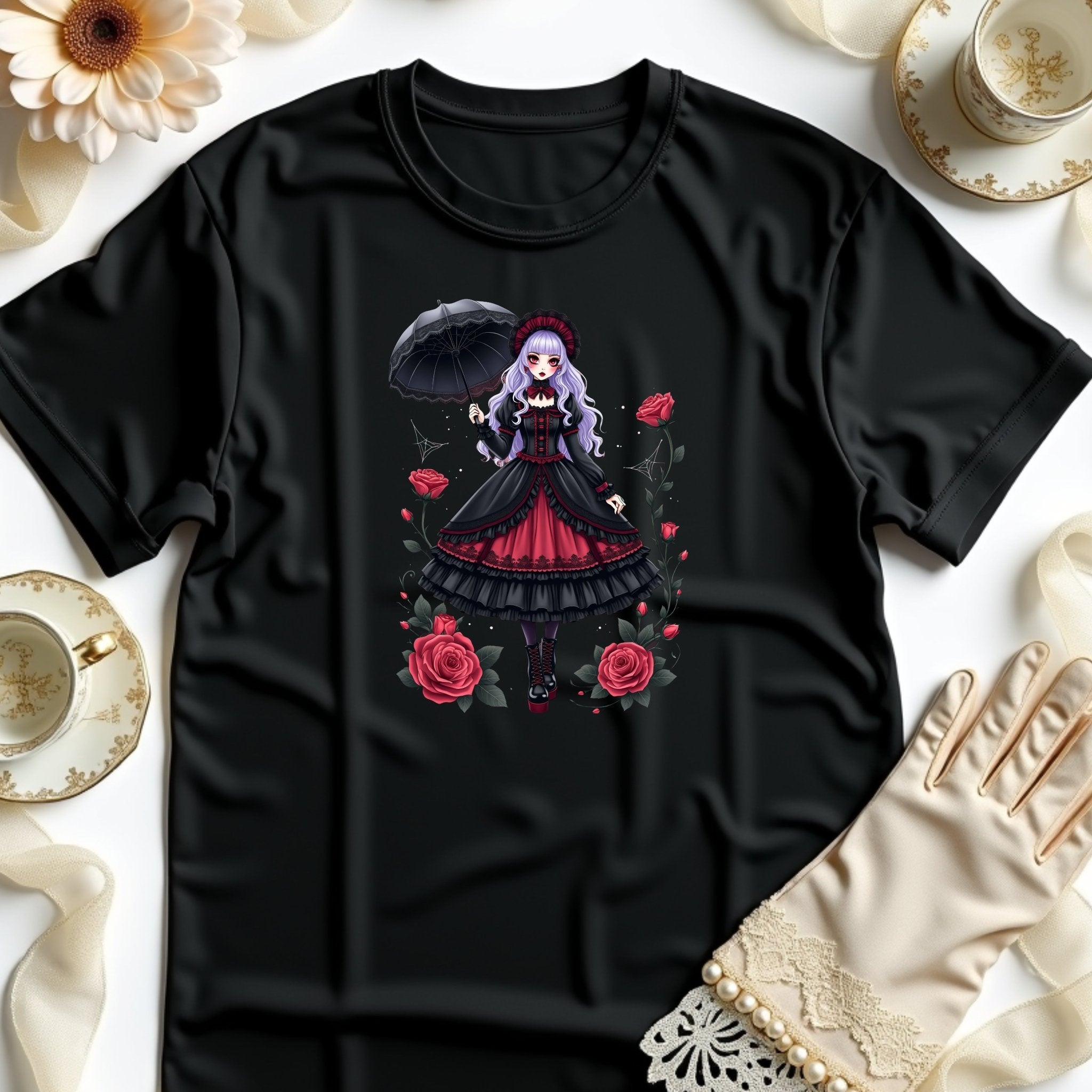 Gothic Lolita Harajuku T-Shirt, Anime Girl with Roses, Dark Fashion Tee, Cute Japanese Alternative Style, Moon and Roses Print Top - Craig Michael Design