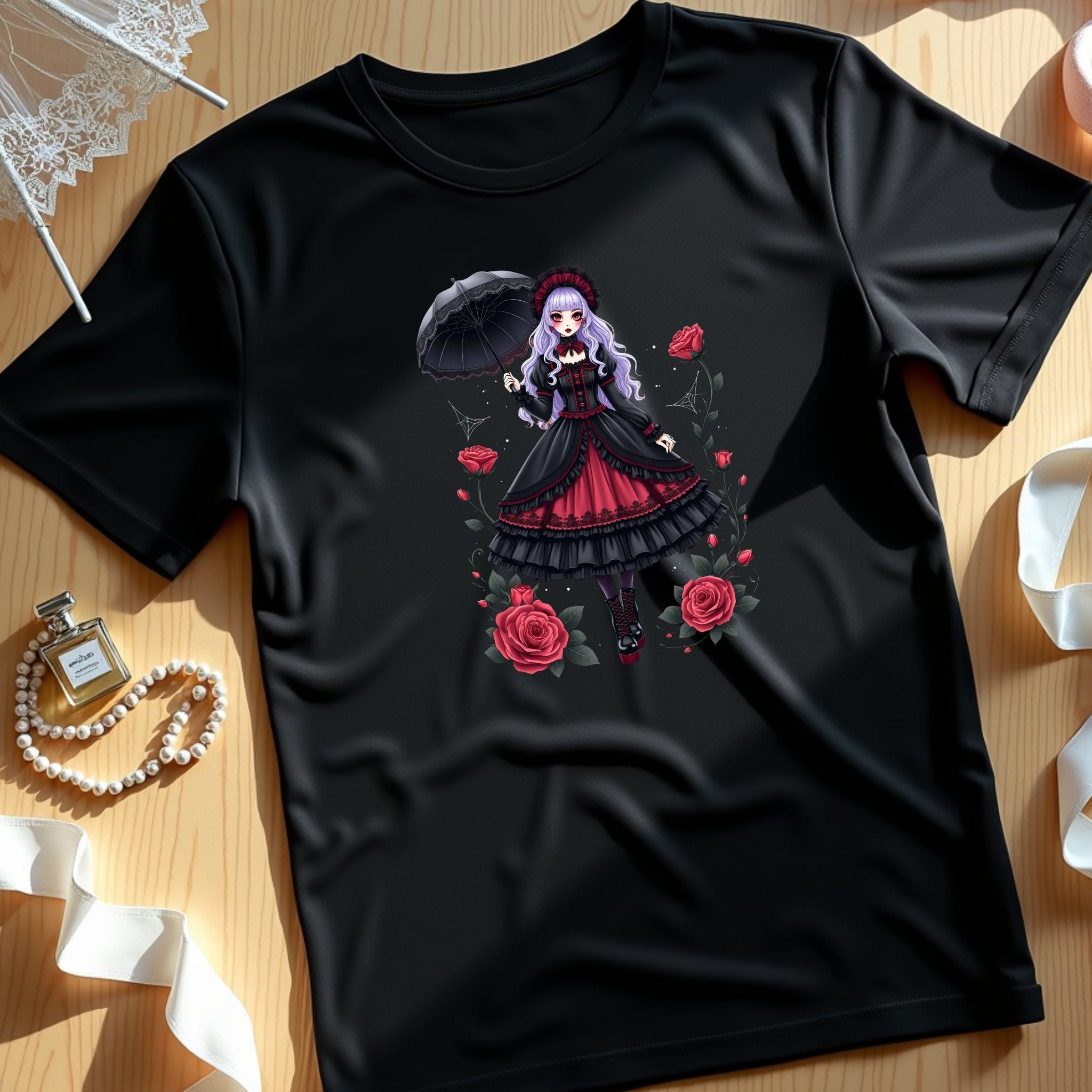 Gothic Lolita Harajuku T-Shirt, Anime Girl with Roses, Dark Fashion Tee, Cute Japanese Alternative Style, Moon and Roses Print Top - Craig Michael Design