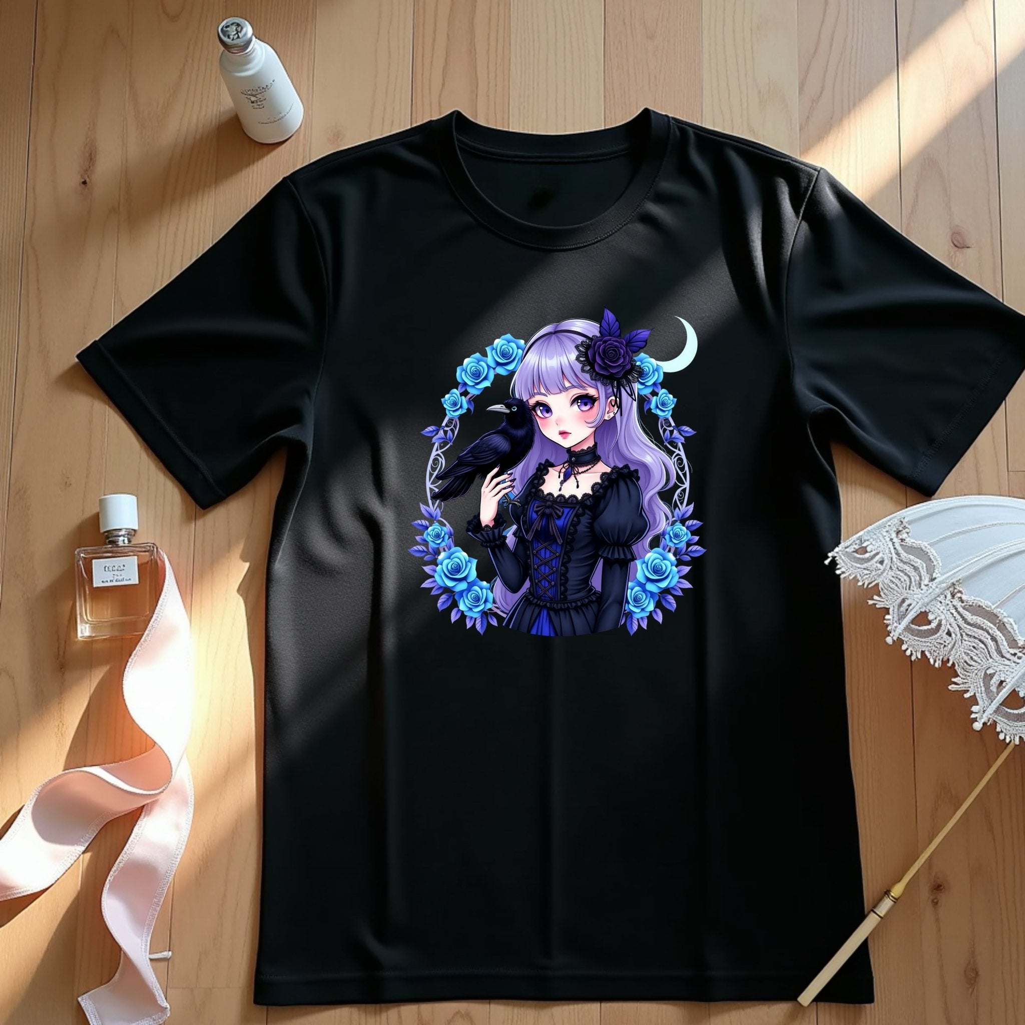 Gothic Lolita Harajuku Tshirt Black Roses and Raven Cute Gothic Anime Shirt Harajuku Fashion Gothic Lolita Top - Craig Michael Design