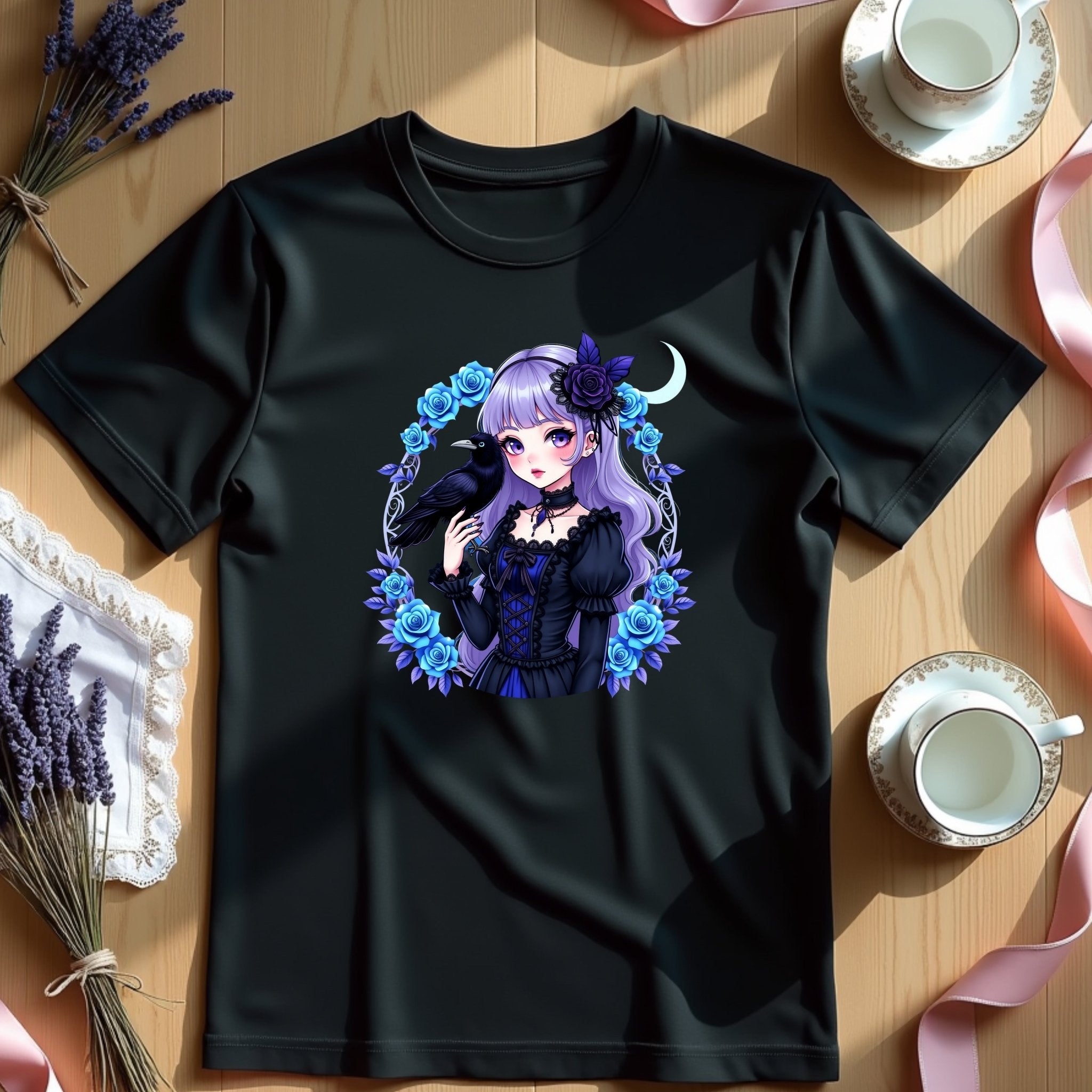 Gothic Lolita Harajuku Tshirt Black Roses and Raven Cute Gothic Anime Shirt Harajuku Fashion Gothic Lolita Top - Craig Michael Design