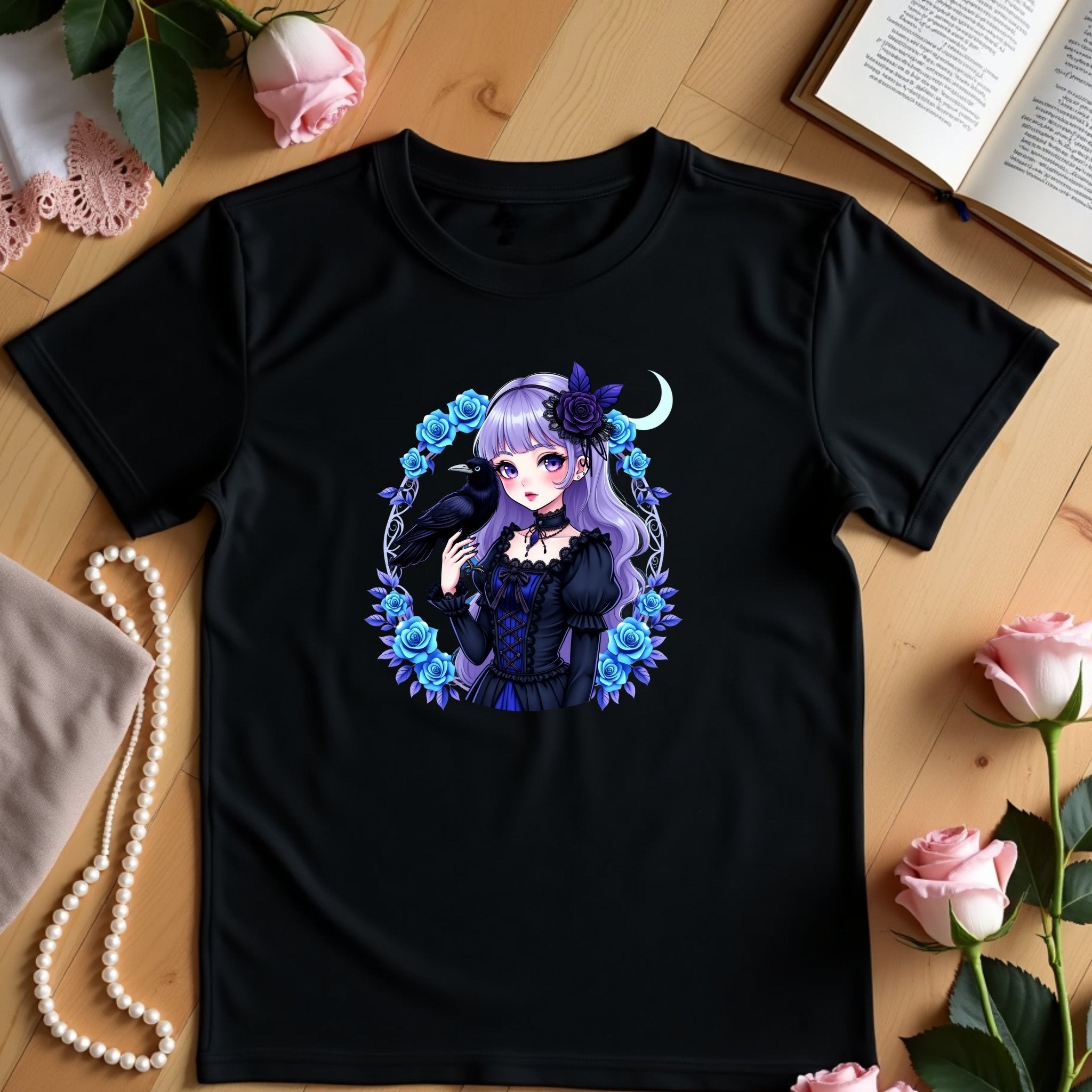 Gothic Lolita Harajuku Tshirt Black Roses and Raven Cute Gothic Anime Shirt Harajuku Fashion Gothic Lolita Top - Craig Michael Design