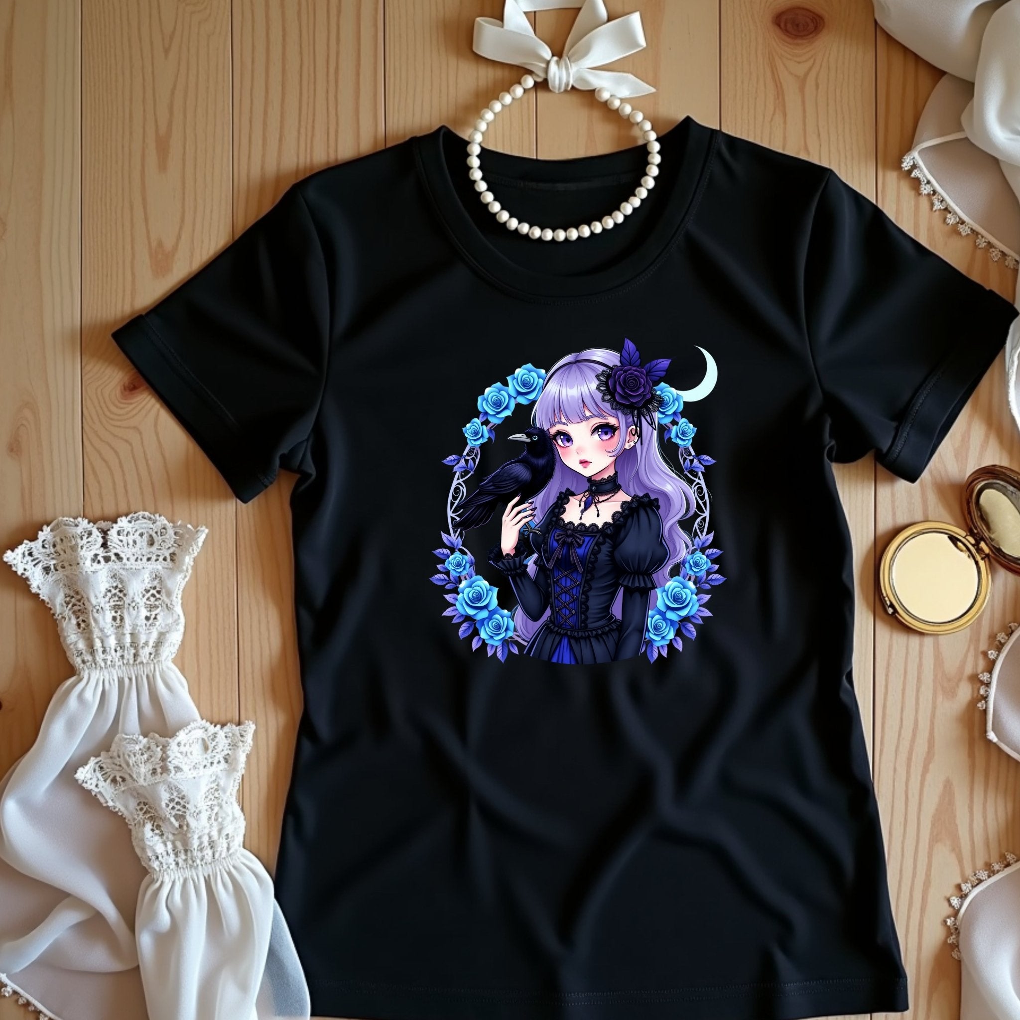 Gothic Lolita Harajuku Tshirt Black Roses and Raven Cute Gothic Anime Shirt Harajuku Fashion Gothic Lolita Top - Craig Michael Design