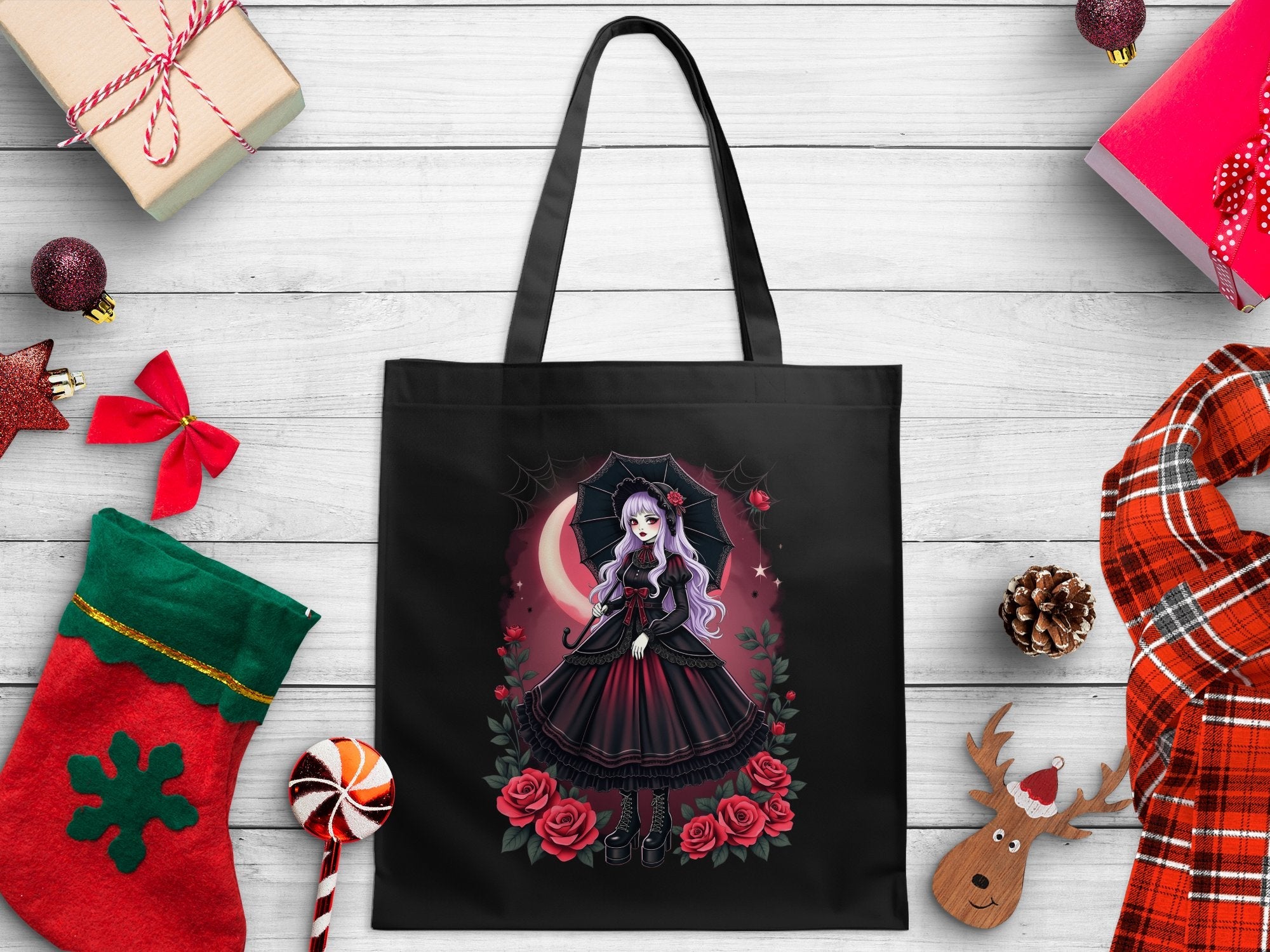 Gothic Lolita Tote Bag Anime Art Red and Black Tote Bag with Roses and Umbrella Unique Fashion Accessories - Craig Michael Design