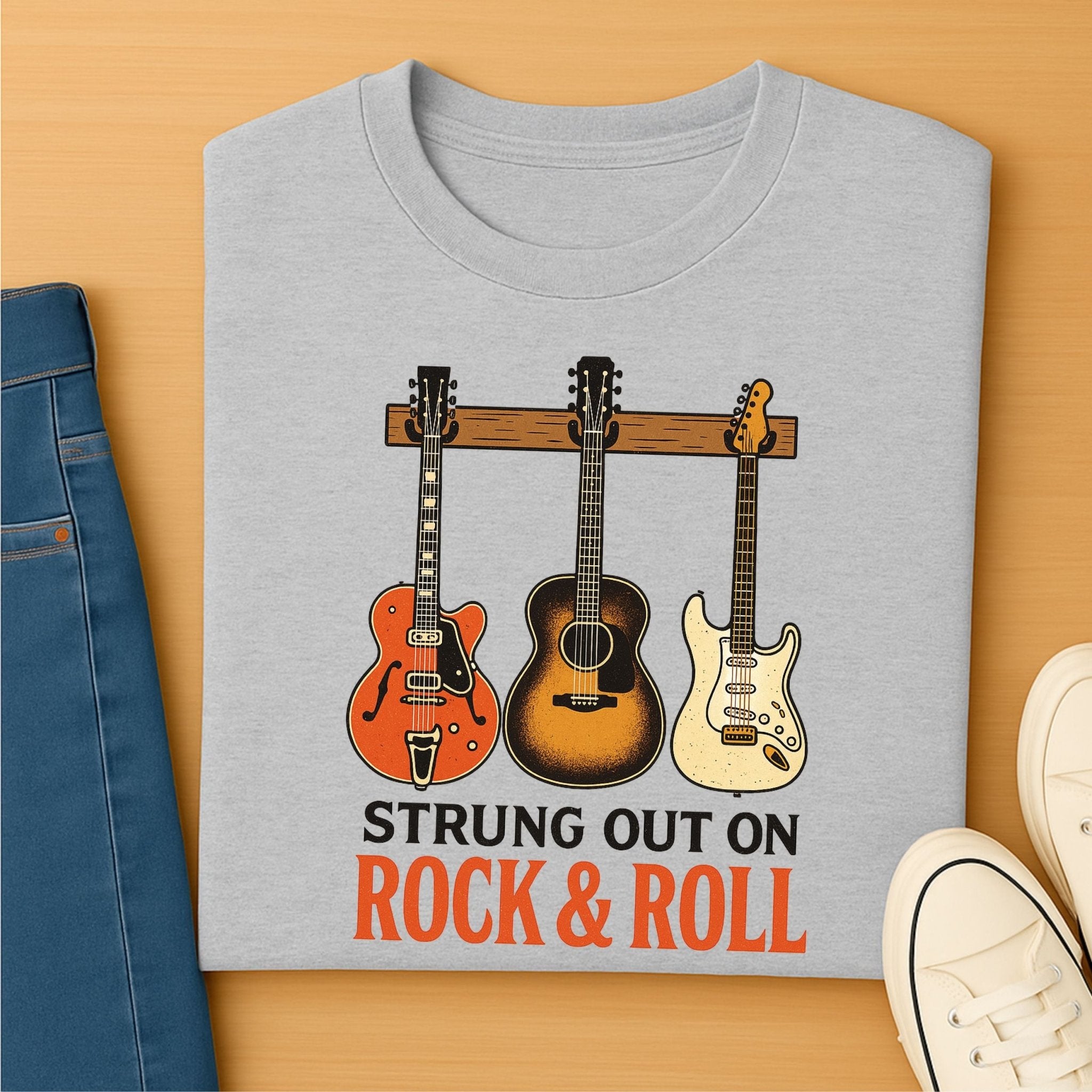 Guitar T shirt Strung Out on Rock and Roll T-Shirt, Funny Guitar Player Tee for Men Women, Musician Humor Shirt, Rock Band Gift - Craig Michael Design