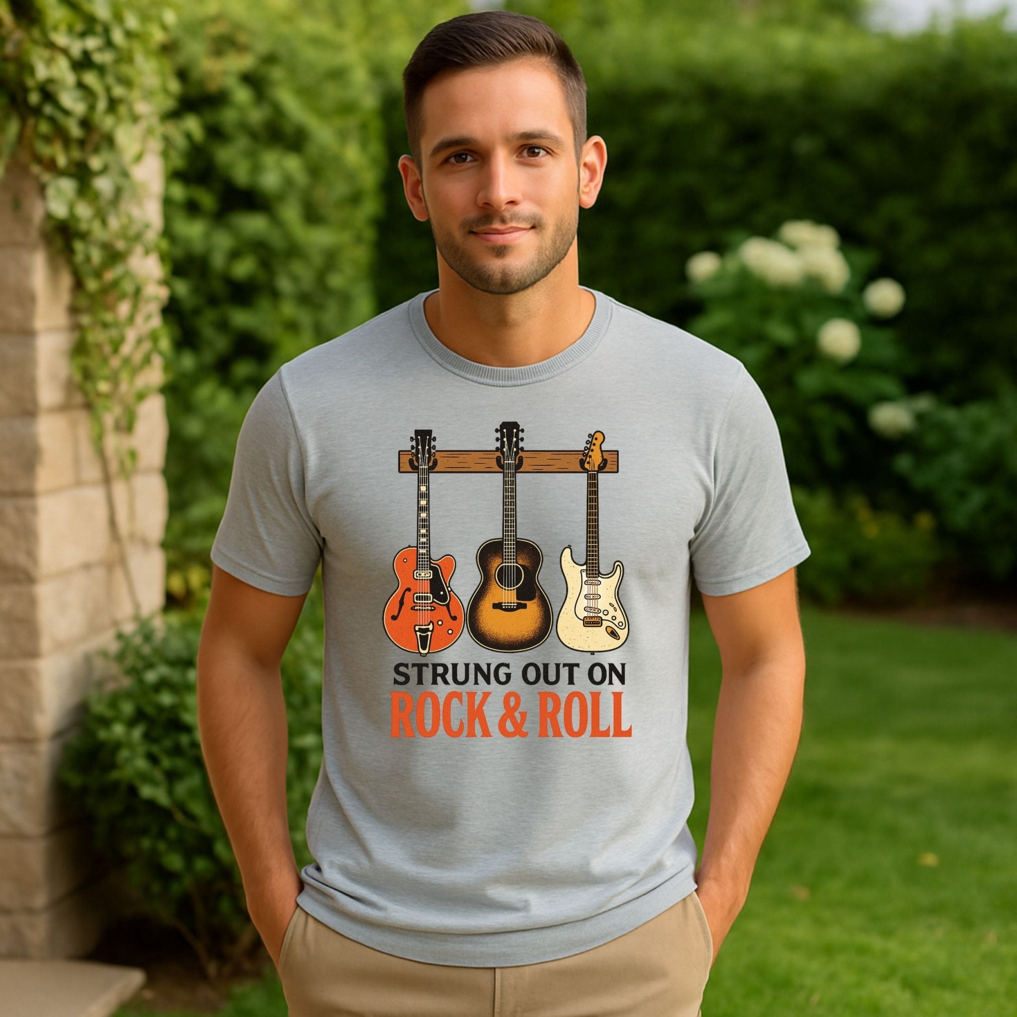Guitar T shirt Strung Out on Rock and Roll T-Shirt, Funny Guitar Player Tee for Men Women, Musician Humor Shirt, Rock Band Gift - Craig Michael Design