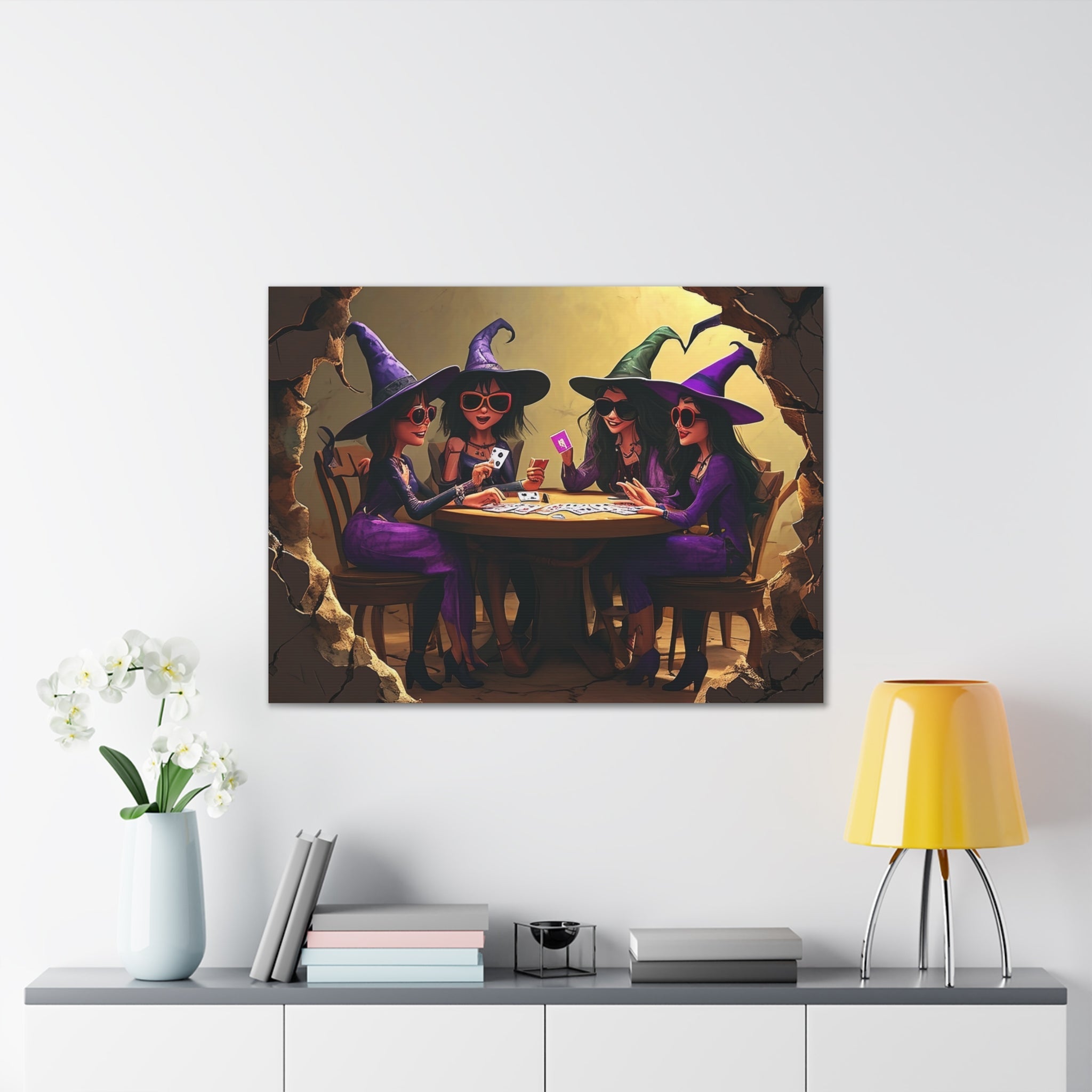 Halloween Witches Playing Cards Art, Spooky Witch Canvas Decor, Whimsical Halloween Party Wall Art, Magical Witches Gift Idea - Craig Michael Design
