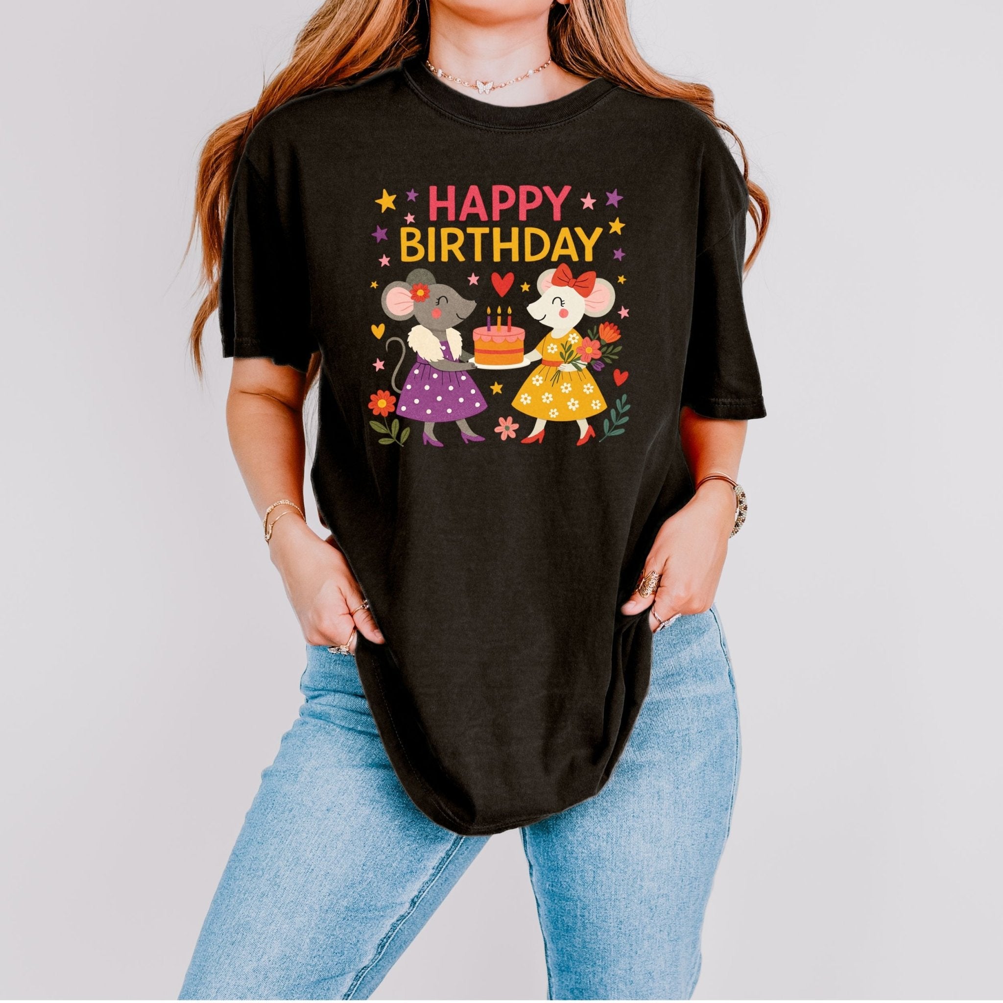 Happy Birthday Mouse Shirt, Comfort Colours Lesbian Birthday Tee, Cute Mouse Gift Top, Femme Birthday Cake T-Shirt - Craig Michael Design