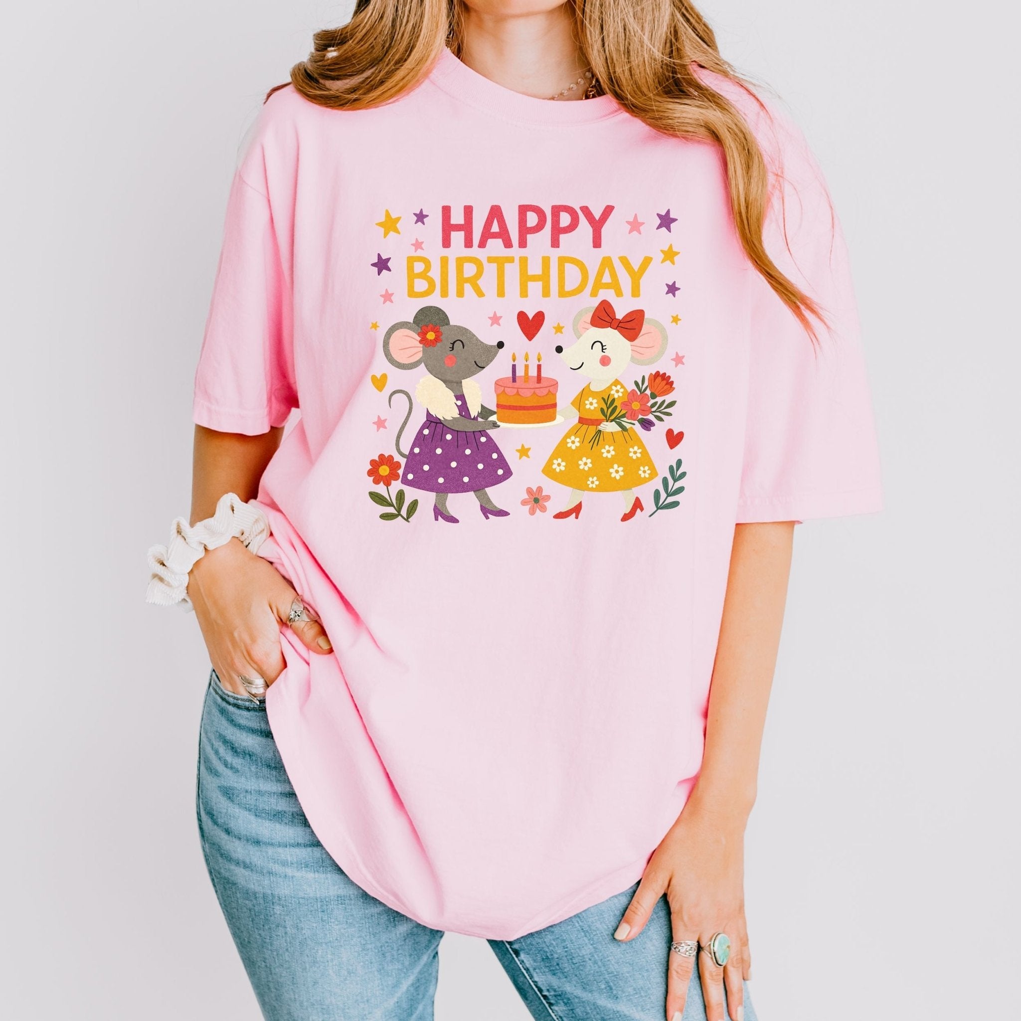 Happy Birthday Mouse Shirt, Comfort Colours Lesbian Birthday Tee, Cute Mouse Gift Top, Femme Birthday Cake T-Shirt - Craig Michael Design