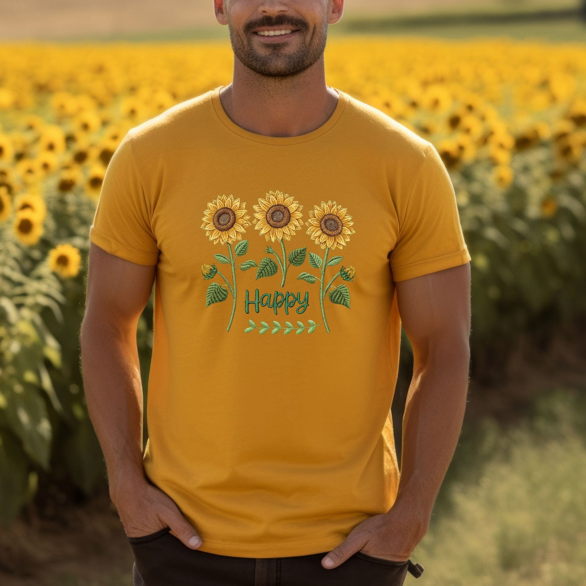 Happy Sunflower Shirt, Embroidery Style Floral Tee - Craig Michael Design