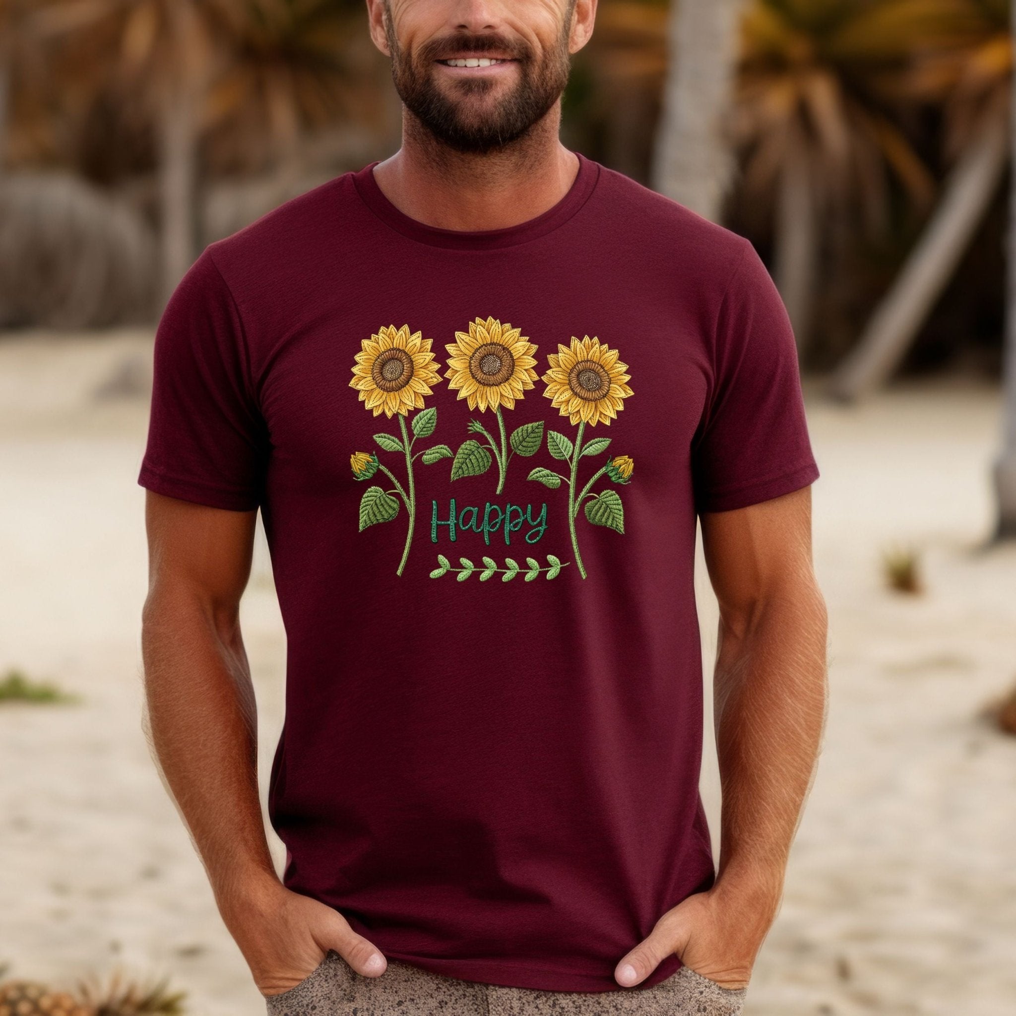 Happy Sunflower Shirt, Embroidery Style Floral Tee - Craig Michael Design
