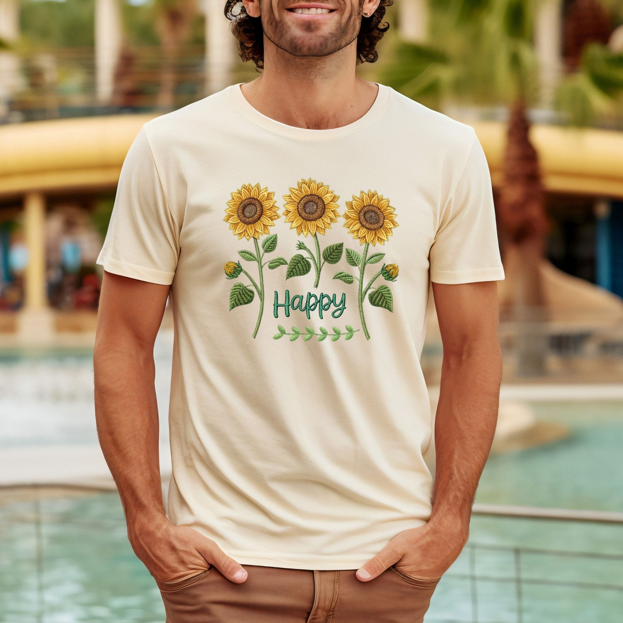 Happy Sunflower Shirt, Embroidery Style Floral Tee - Craig Michael Design