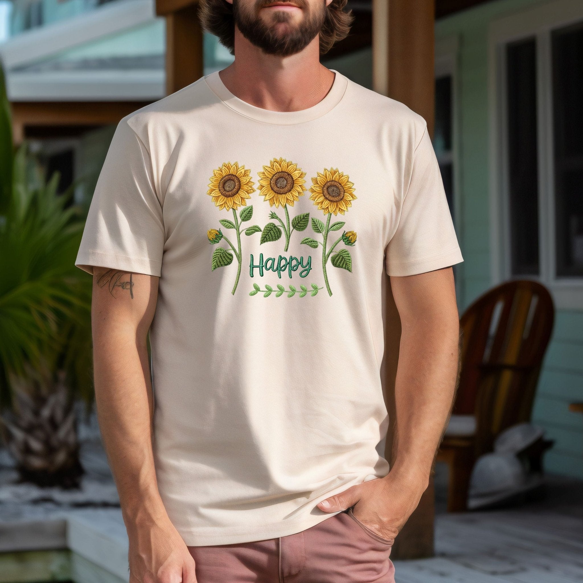 Happy Sunflower Shirt, Embroidery Style Floral Tee - Craig Michael Design