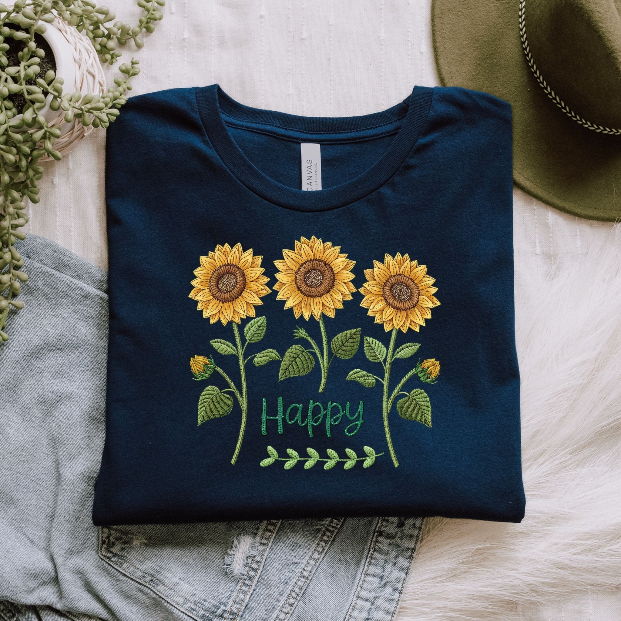 Happy Sunflower Shirt, Embroidery Style Floral Tee, Botanical Garden Gift, Joyful Nature Shirt for Her - Craig Michael Design